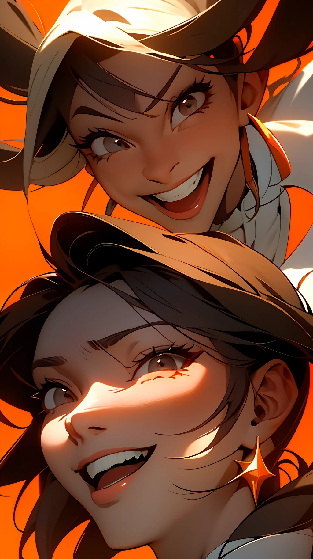 Man and woman in fashion trend outfit, split bangs, gray eyes, laughing, sunny, looking at the audience, horizontal perspective, centered, orange background, masterpiece, textured skin, high detail, best quality