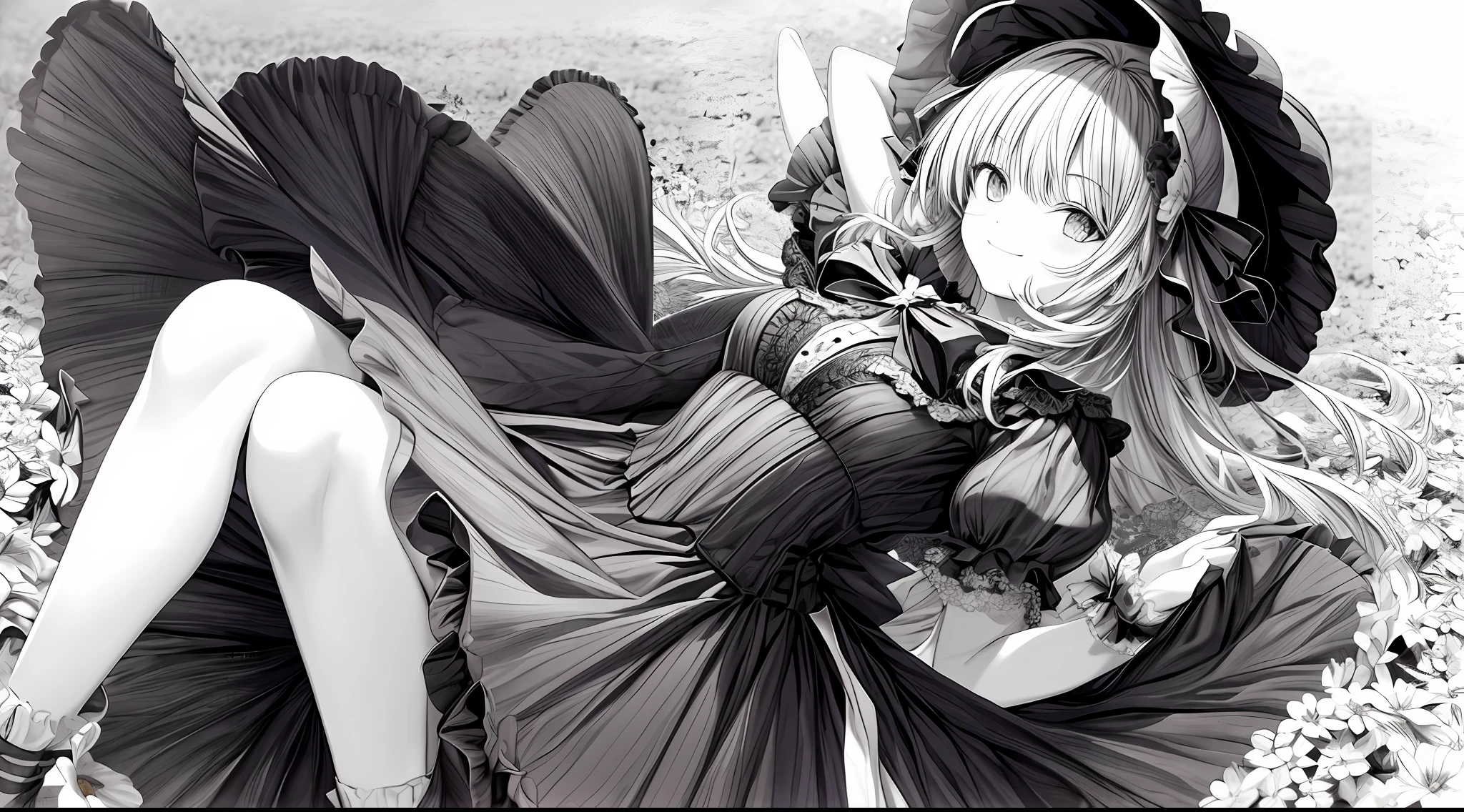 masterpiece, best quality, 1girl, solo, long_hair, looking_at_viewer, smile, bangs, skirt, shirt, long_sleeves, hat, dress, bow, holding, closed_mouth, flower, frills, hair_flower, petals, bouquet, holding_flower, center_frills, bonnet, holding_bouquet, flower field, flower field, lineart, monochrome,