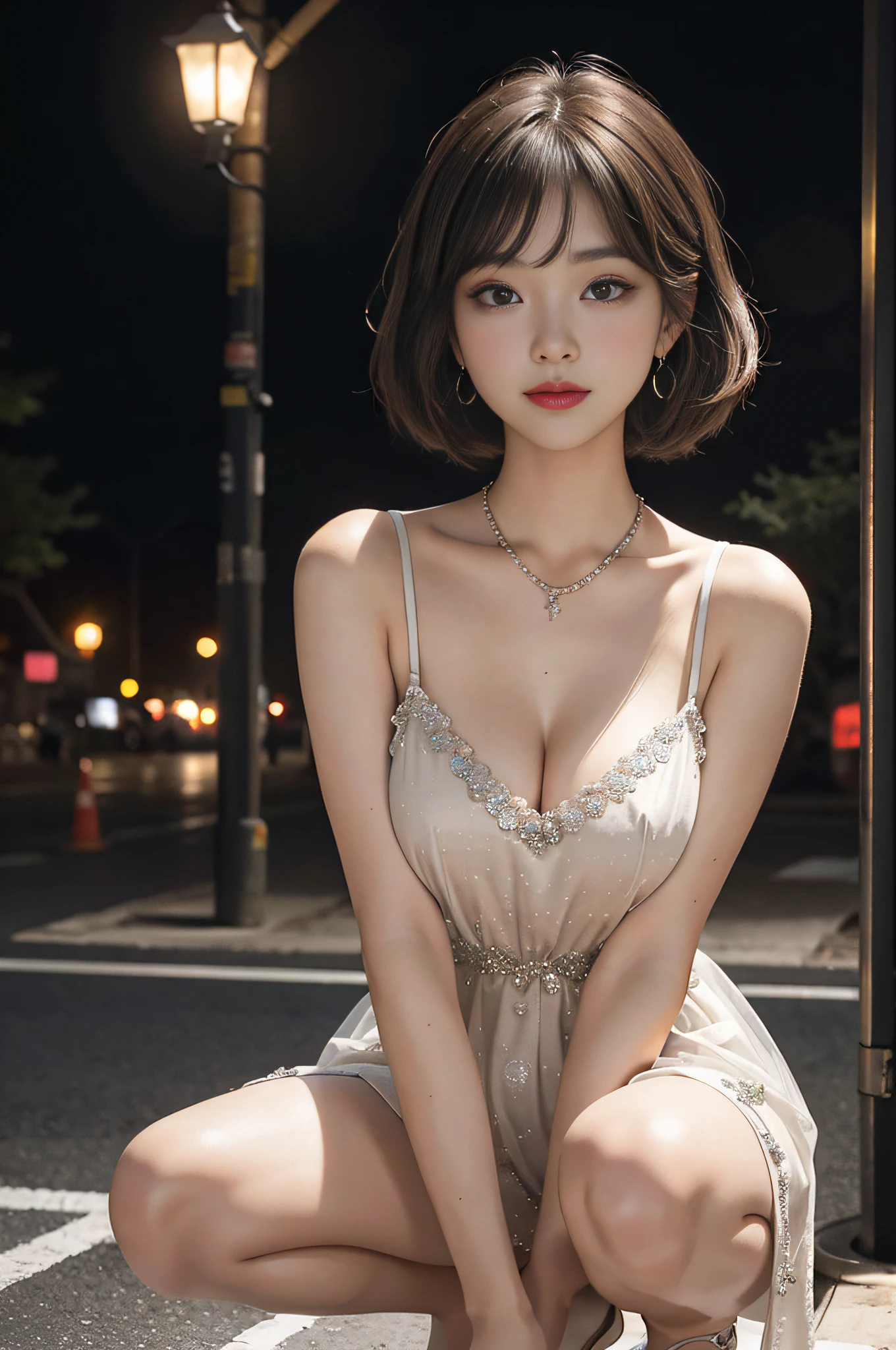 8K RAW Photos, High Resolution, 17 Year Old Slender Korean, Light Brown Hair, Bowl Cut, Big Round Breasts, Formal Dress, Very Thin Mouth, Duck Mouth, Smile,, Beautiful Eyes in Detail, Long Eyes, Sanpaku Eyes, Dark Cheek Makeup, Long Eyelashes, Beautiful Double Eyelids, Eye Shadow, Beautiful Thin Legs, Necklace, Earrings, In front of the station at night, Park at night, squatting