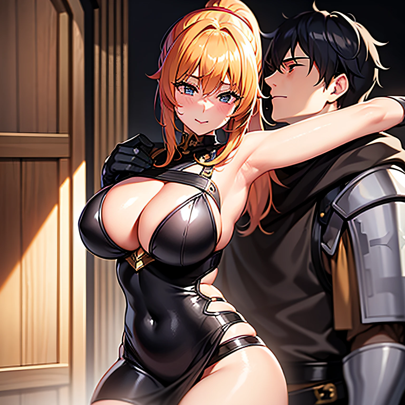 1girl, 1man, a sensual female paladin with a short strawberry blonde ponytail is claimed by gloating bandit with black hair, kissing, embracing, hair pulling, aroused, undressing