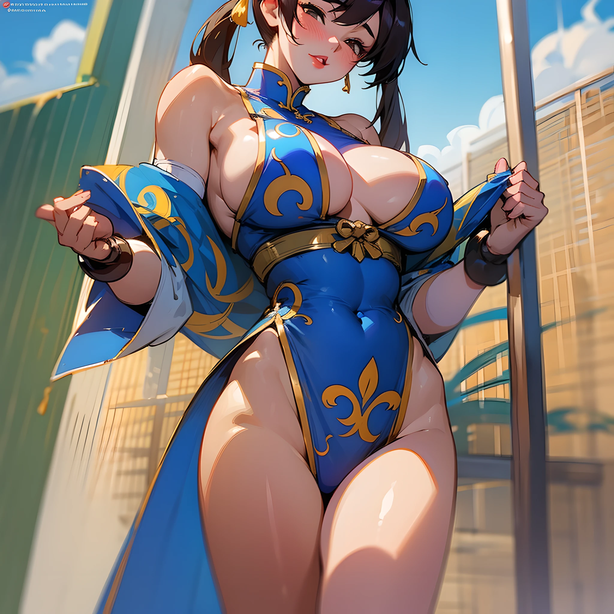 chun li, beach, shower, big boobs, red lips, all body, sexy, ecchi, staring, doggstyle , shy expression, upskirt --auto --s2