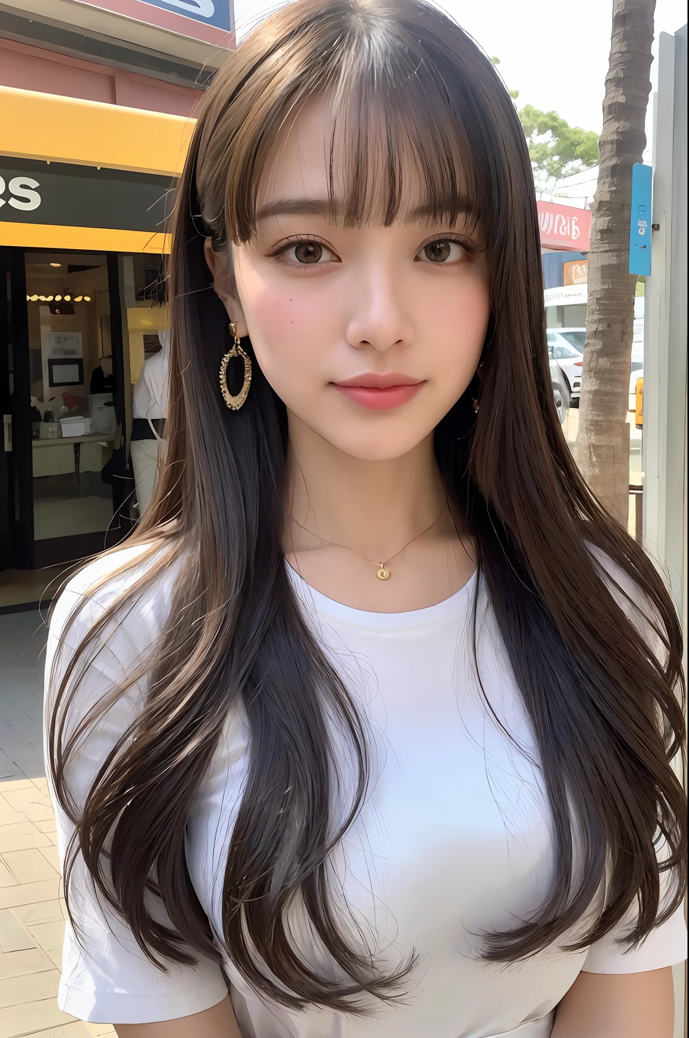 (8k, RAW photos, top quality, masterpiece: 1.2), ultra detailed, super resolution, (real, real photos: 1.37), portraits, high definition RAW color photos, professional photos, very detailed and beautiful, highly detailed, 8k wallpapers, amazing details, huge file size, official art, highly detailed CG Unity 8k wallpapers, highly detailed beautiful girls, highly detailed facesHighly detailed eyes, highly detailed skin, highly detailed fingers, Highly detailed nose, Highly detailed detailed mouth, Perfect anatomy, Highly detailed background, Highly detailed clothing, One Girl, (18:1.2), , cute girl, famous Japan gal, cute, realistic body, petite, white skin, radiant skin, slim body, handsome body, gold leaf, long straight hair, (blunt bangs:1.2), smile, cute, youthful, pretty face, realistic face, delicate eyes, sagging eyes, white t-shirt, skirt, earrings, camera gaze, cowboy shot, front-facing, standing, contrapost, high street, public, crowd, dynamic lighting, very big breasts,