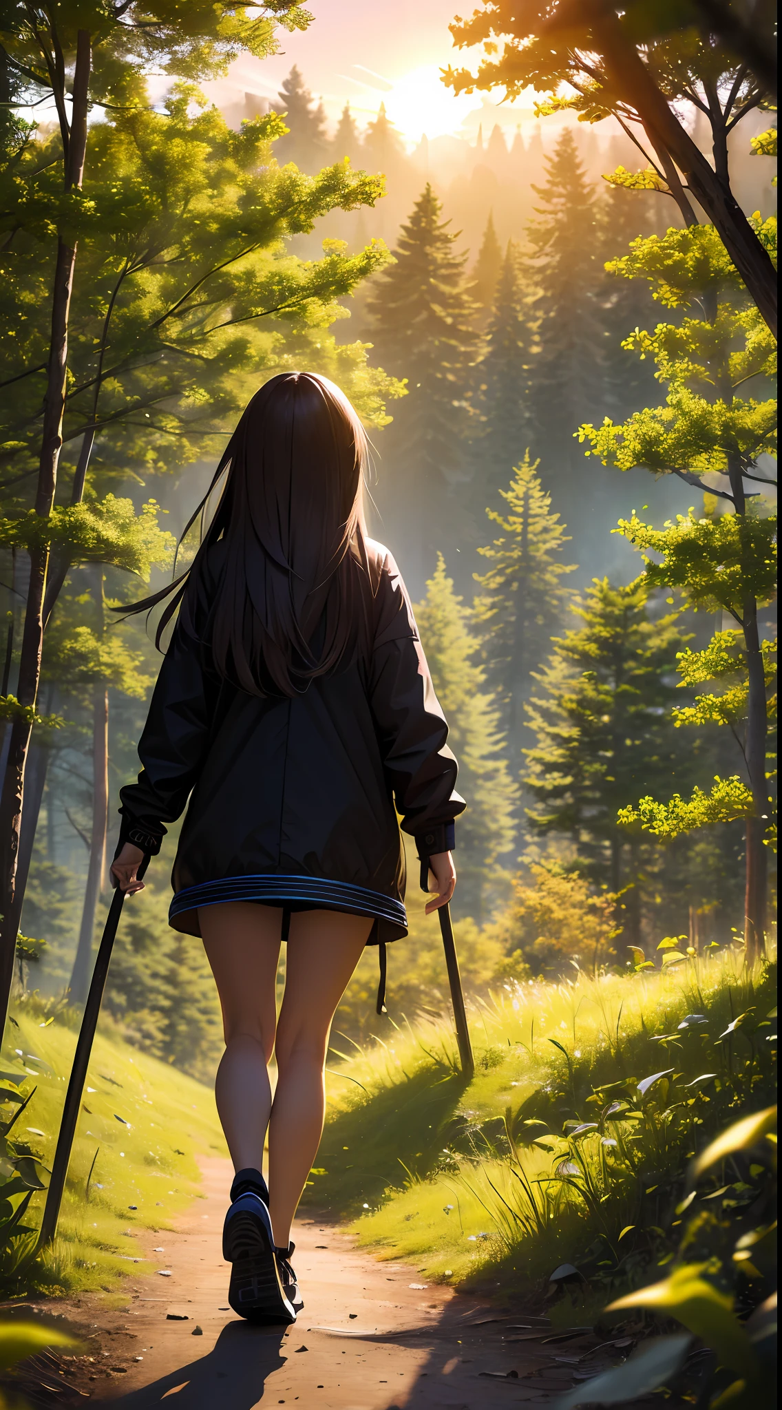 ((ultra detailed,ultra high res,detailed background)),sunrise,forest,impressive,chill,inspirational,1girl,facing away