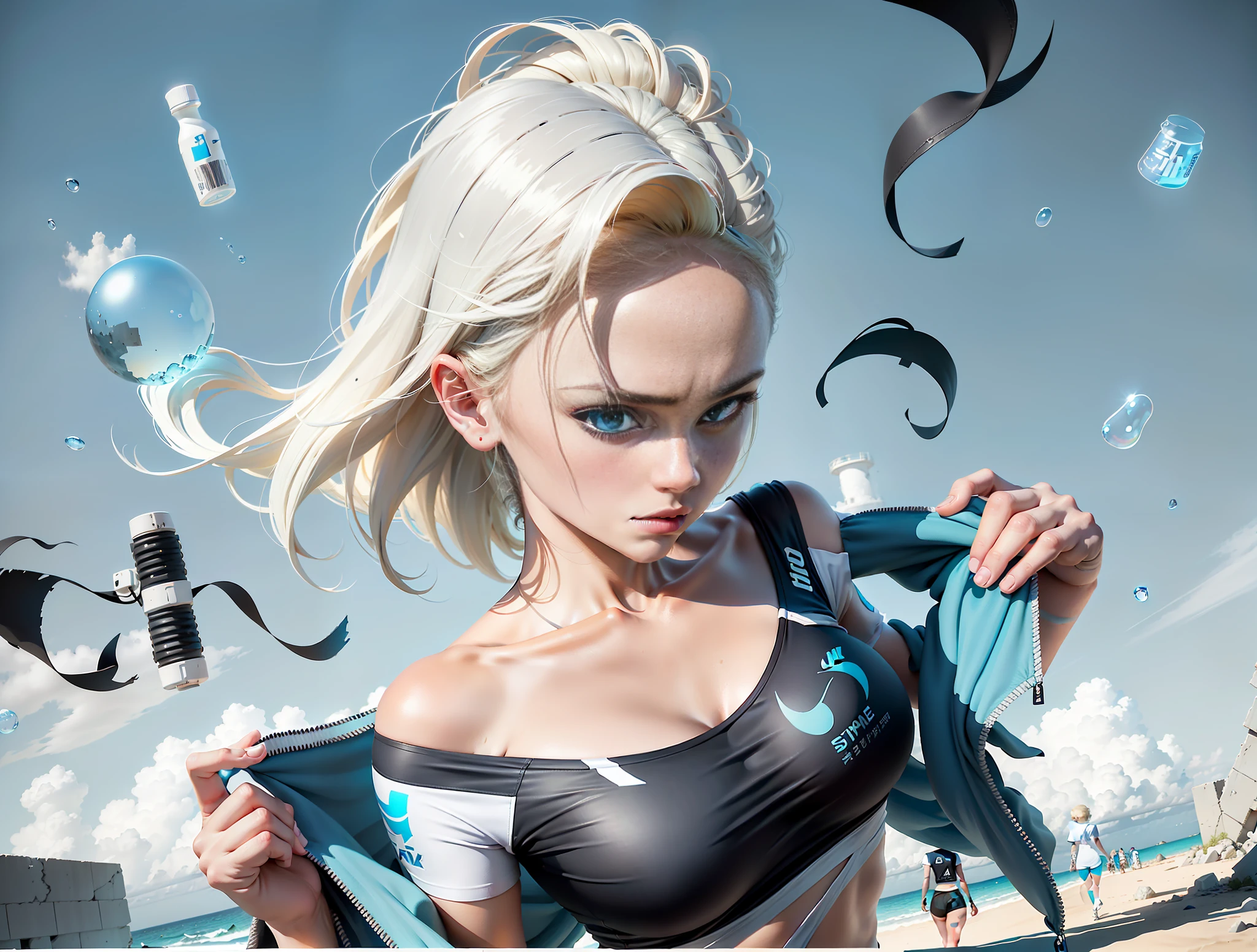 A stylish single summer sports T-hug design full of bubbles and fluffy feeling, 1 girl, short blonde hair, blue eyes, super delicate eyes, eye detail depiction, gaze looking at the audience, grim expression, dark blue coat, black underwear with the number 18 printed on the chest, big breasts, black tight underwear, super good figure, tear dark blue coat action, real people, realistic, super live-action style, live-action photography, light and shadow, dusk light, real ruins background, cyberpunk (( White Ocean Blue: 1.3) + (Fashion: 1.1) + (New Trend: 1.2)), (Nike Logo), (Corona Rendering), ((Summer Sports T-Concept + Concept Art Design): 1.3), (8K: 1.3), (2:3 Aspect Ratio + Warm Q2), (750 pixels), ((Fashion Elements) :(1.1 + White Ocean Blue T-shirt Blends with Fashion Elements)), (Dynamics: 5)