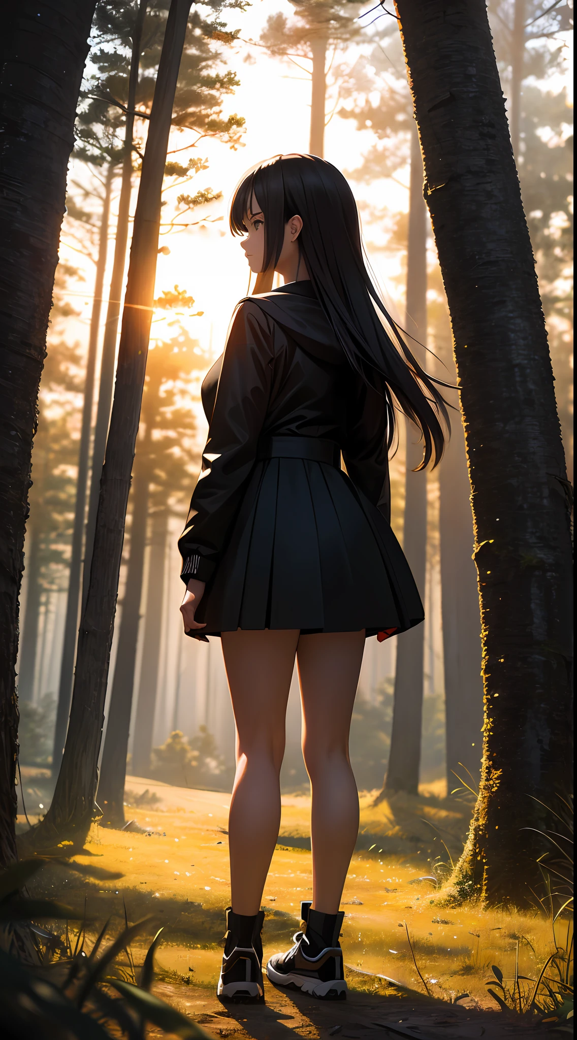 ((ultra detailed,ultra high res,detailed background)),sunrise,forest,impressive,chill,inspirational,1girl,facing away