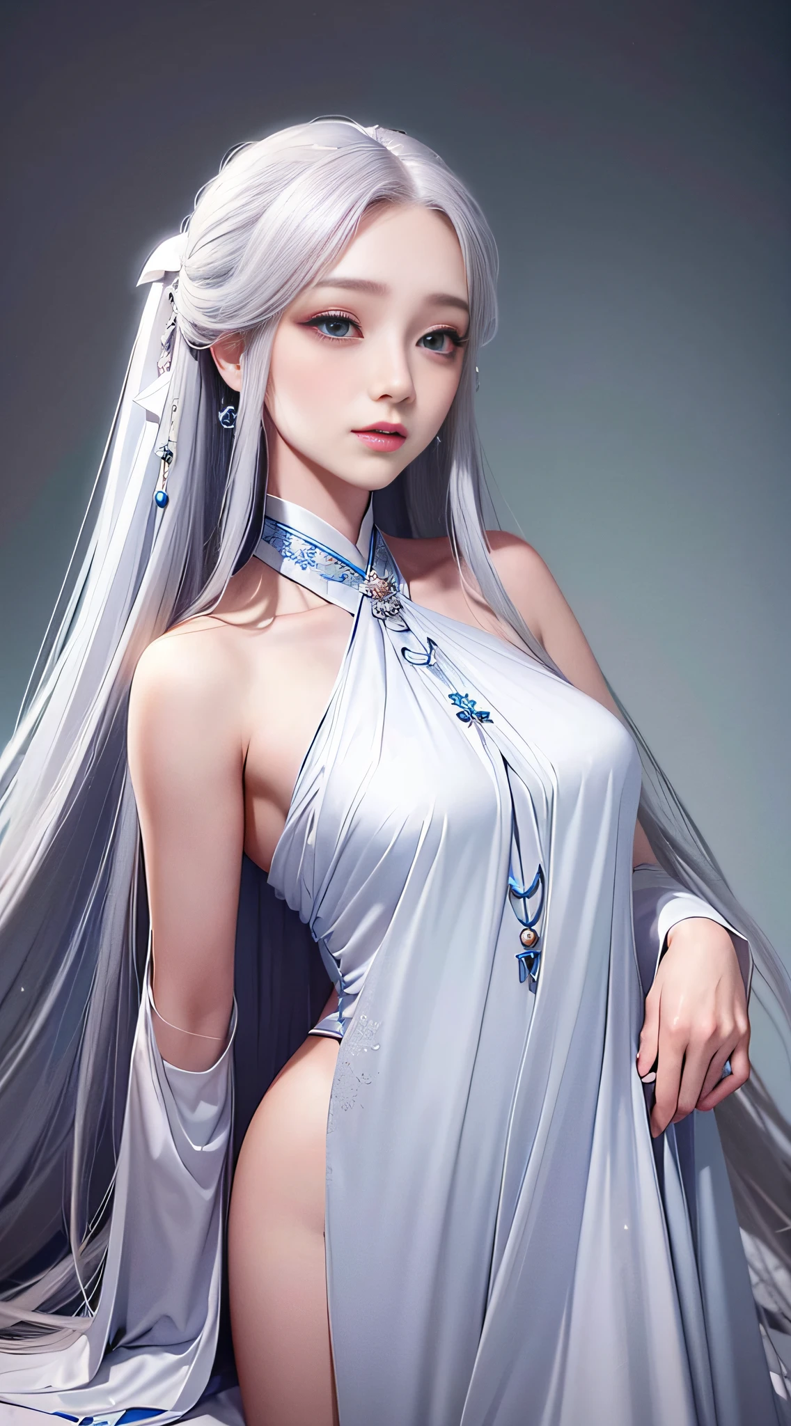 Masterpiece, silver-white long-haired beauty, absolutely beautiful, complex and gorgeous hair accessories, wearing beautiful and gorgeous Hanfu, blue eyes, long eyelashes, perfect and delicate facial features, highlight, withered petals, light makeup, shy smile, blush, beautiful, charming, perfect, super clear, HD