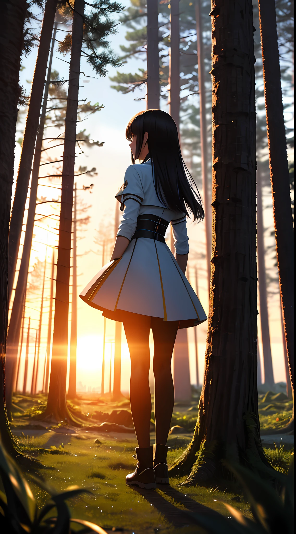 ((ultra detailed,ultra high res,detailed background)),sunrise,forest,impressive,chill,inspirational,1girl,facing away