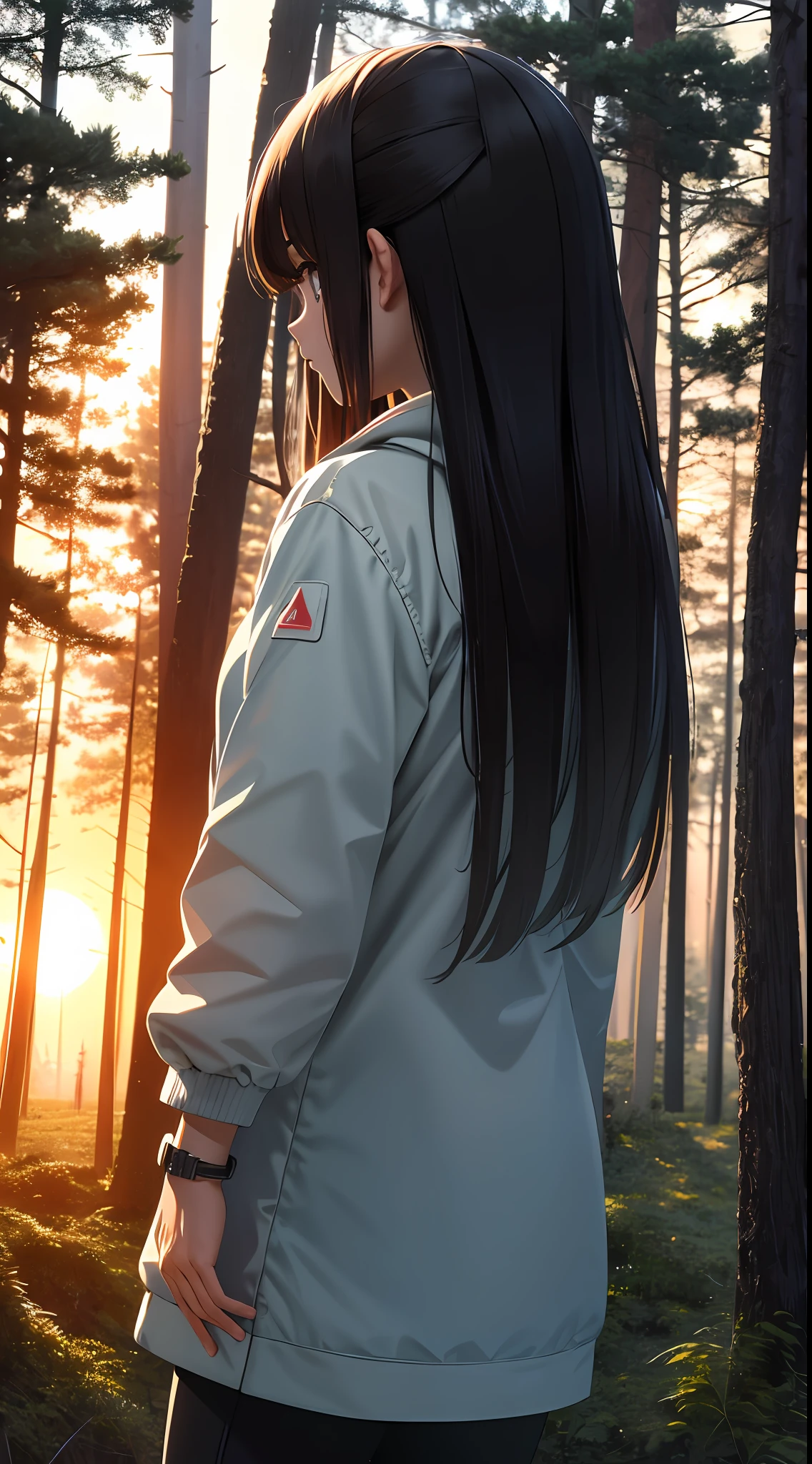 ((ultra detailed,ultra high res,detailed background)),sunrise,forest,impressive,chill,inspirational,1girl,facing away