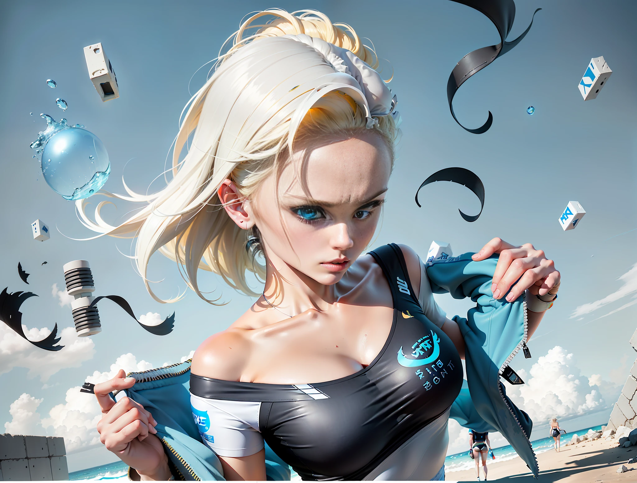 A stylish single summer sports T-hug design full of bubbles and fluffy feeling, 1 sexy girl, short yellow hair, blue eyes, super delicate eyes, eye detail depiction, detailed hair, real yellow hair, gaze looking at the audience, grim expression, blue coat, black underwear with the number 18 printed on the chest, big breasts, black tight underwear, super good figure, tearing blue coat action, real people, realistic, super live-action style, live-action photography, light and shadow, dusk light, Real ruins background, cyberpunk ((white ocean blue: 1.3) + (fashion: 1.1) + (trendy: 1.2)), (nike logo), (corona rendering), ((summer sports T-beam concept + concept art design): 1.3), (8K: 1.3), (2:3 aspect ratio + warm color Q2), (750 pixels), ((fashion elements) :( 1.1 + white ocean blue T-shirt blended with fashion elements)), (dynamics: 5)