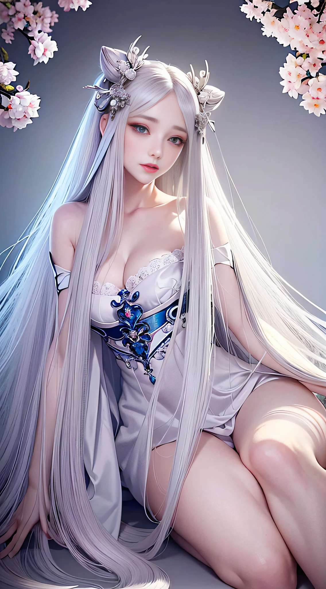 Masterpiece, silver-white long-haired beauty, absolutely beautiful, complex and gorgeous hair accessories, wearing beautiful and gorgeous Hanfu, blue eyes, long eyelashes, perfect and delicate facial features, highlight, withered petals, light makeup, shy smile, blush, beautiful, charming, perfect, super clear, HD
