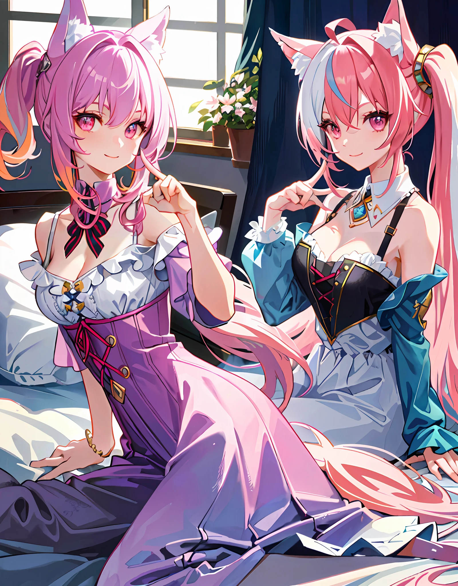 (Masterpiece: 1.2, highest quality), (Delicate Eyes: 1.2), (Detailed Background, Fantasy), (Pretty Detailed Face), High Contrast, (Best Lighting, Very Delicate Beauty), (Cinematic Light), Colorful, Ultra Detailed, Dramatic Light, Intricate Detail, 8k, (One Girl, Solo, Pink Hair, Sharp Face, Low Double Ponytail, , Hair Between the Eyes, Dynamic Angle), Upper Body, Close-up of face thickened 5, movie scene, perfect anatomy, detailed face, ultra-detailed eyes, upper body, 2 girls, smile, wolf ears, wolf tail, pink eyes, hair between the eyes, striped hair, striped hair, (((Colorful hair color: 1))))), (((Random hair color: 1)))), colorful hairstyle: 2, (((perfect fingers, perfect 5 fingers)))), D cup, cleavage, upper body, 1 girl, Smile, wolf ears, wolf tail, pink eyes, hair between the eyes, striped hair: 5, colorful hair colors: 5, jewels at the ends of the hair, twin tails, (in thin pajamas with fluttering chest: 15), cute embroidered pajamas, AI super luxurious bedroom and cute interior: 5, (on the bed: 15) on all fours, looking at the viewer embarrassedly and laughing, turning around from behind, blushing, Morning sun shining through the window,