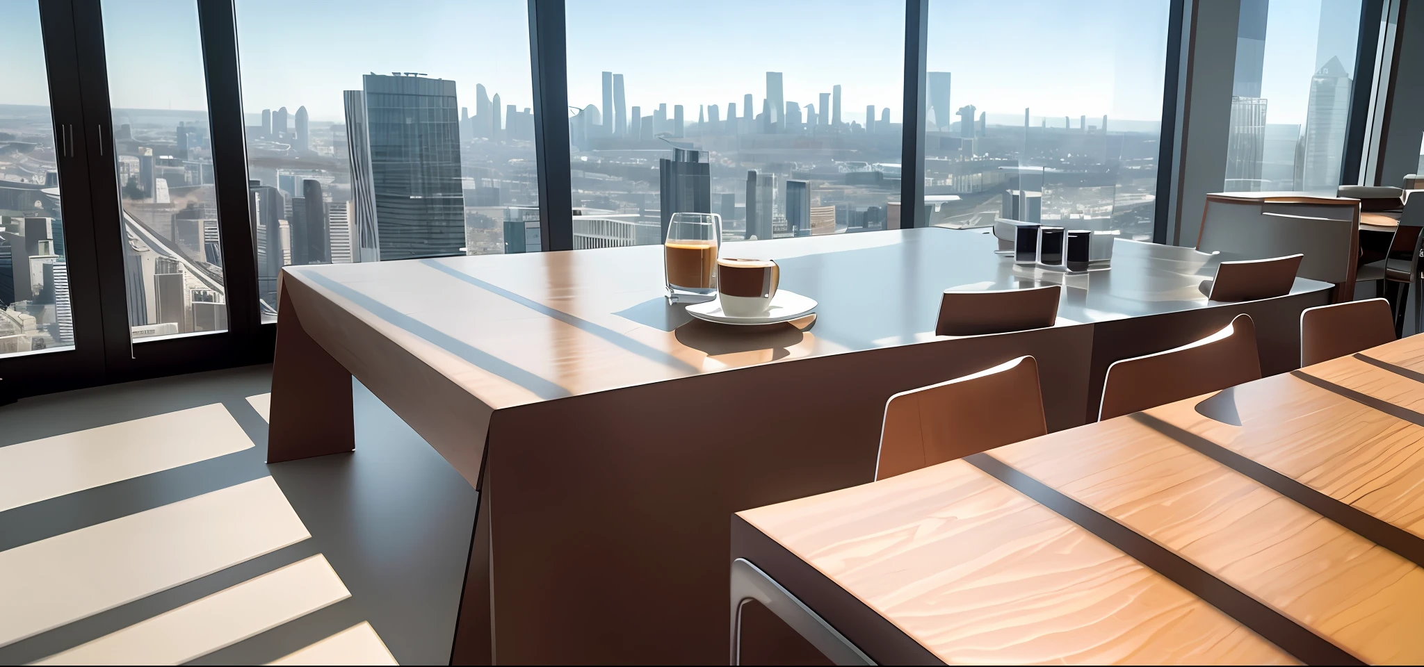 Table coffee close-up, latte, cappuccino, Americano, table coffee for business meetings, modern decoration, front and side floor-to-ceiling windows overlooking the modern city, expansive movie view, accurate architectural rendering, romantic light and shadow, realistic images, 8k, photos, large aperture, kodak perspective, bright tones, UHD
