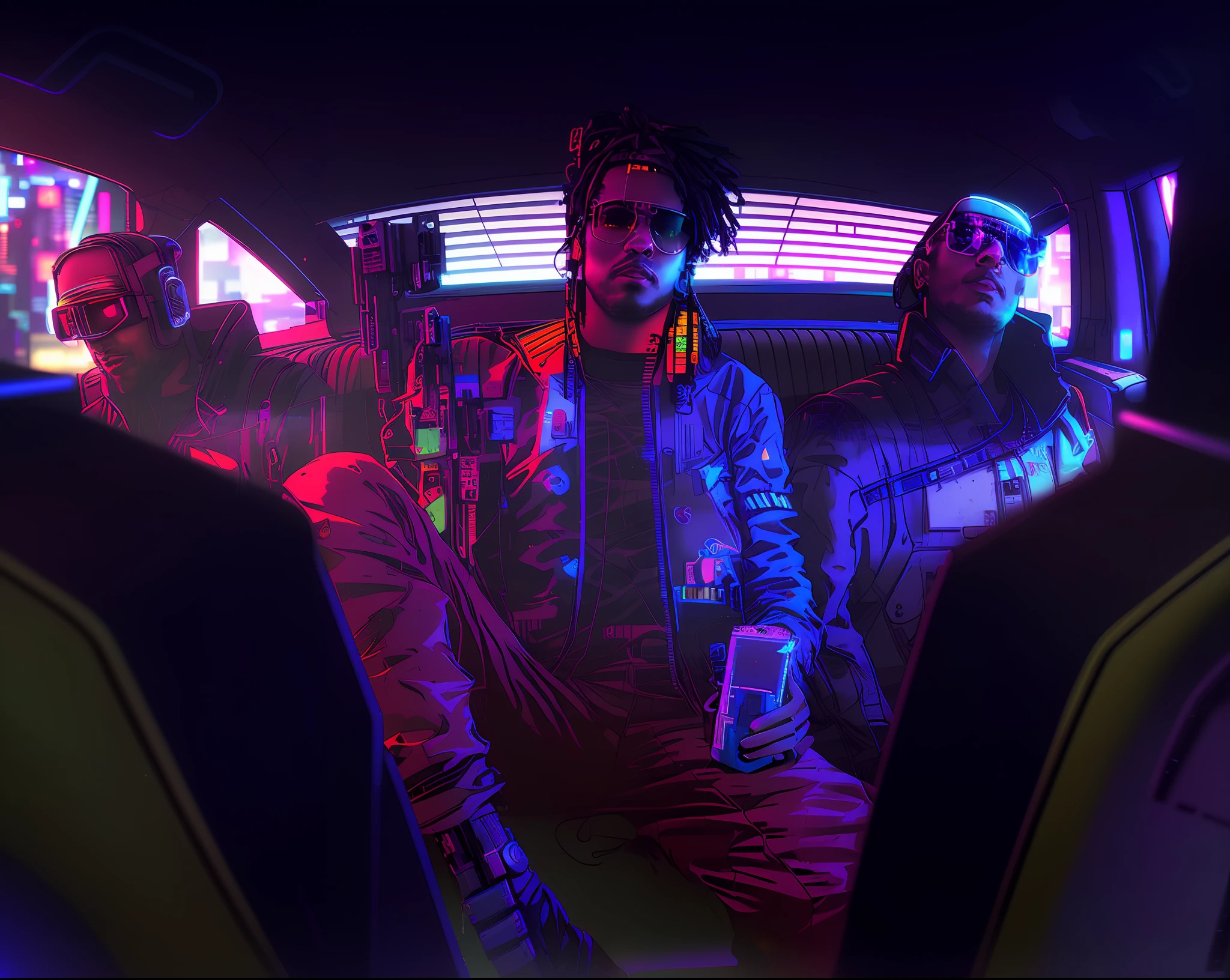 there are three people in a car with neon lights, cyberpunk art style, cyberpunk art, cyberpunk themed art, cyberpunk vibes, cyberpunk artstyle, masterpiece epic retrowave art, cyberpunk vibe, epic retrowave art, in cyberpunk style, cyberpunk illustration, cyberpunk vibrant colors, neon cyberpunk, cyberpunk art 2077, trippie redd, neonpunk, cyberpunk with neon lighting