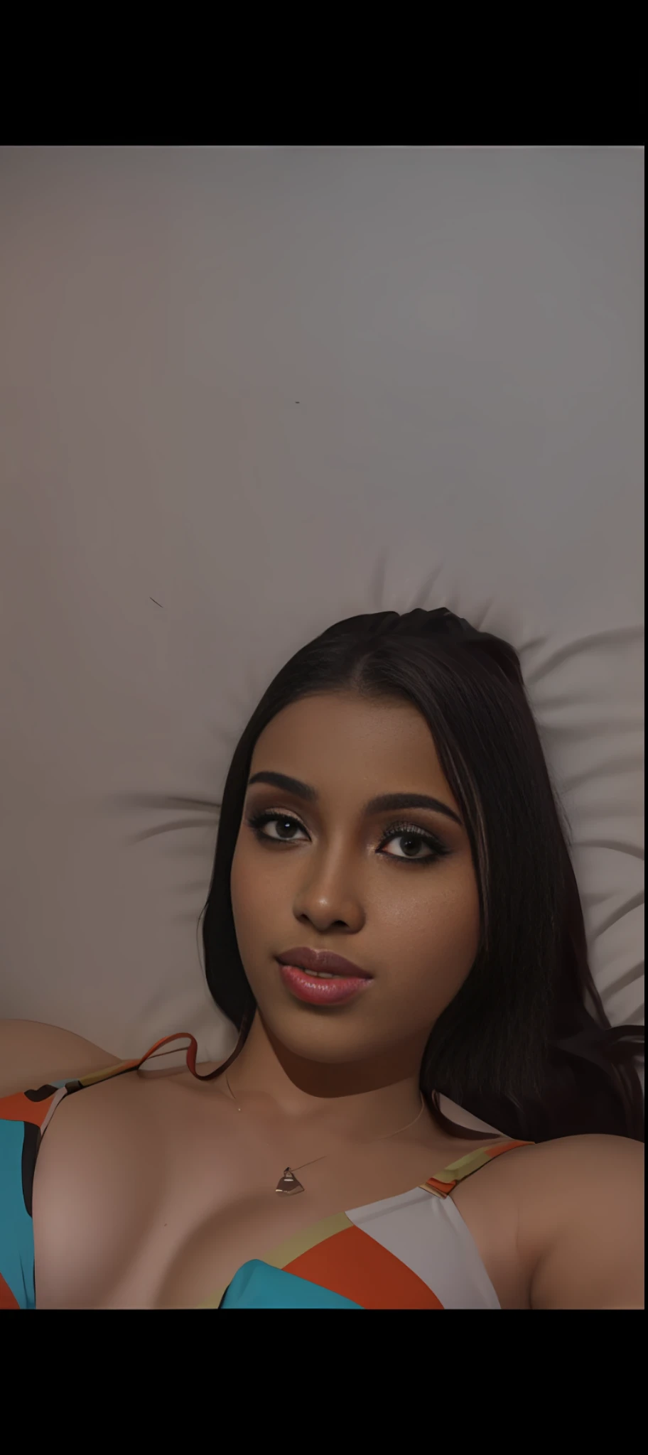 There is a bikini woman lying on a bed, she is facing the camera, beautiful Latino face, wide lips, portrait, sexy look at the camera, sexy face, webcam images, she is about 18 years old, with brown skin, selfie of a young woman, looking straight at the camera, high quality video