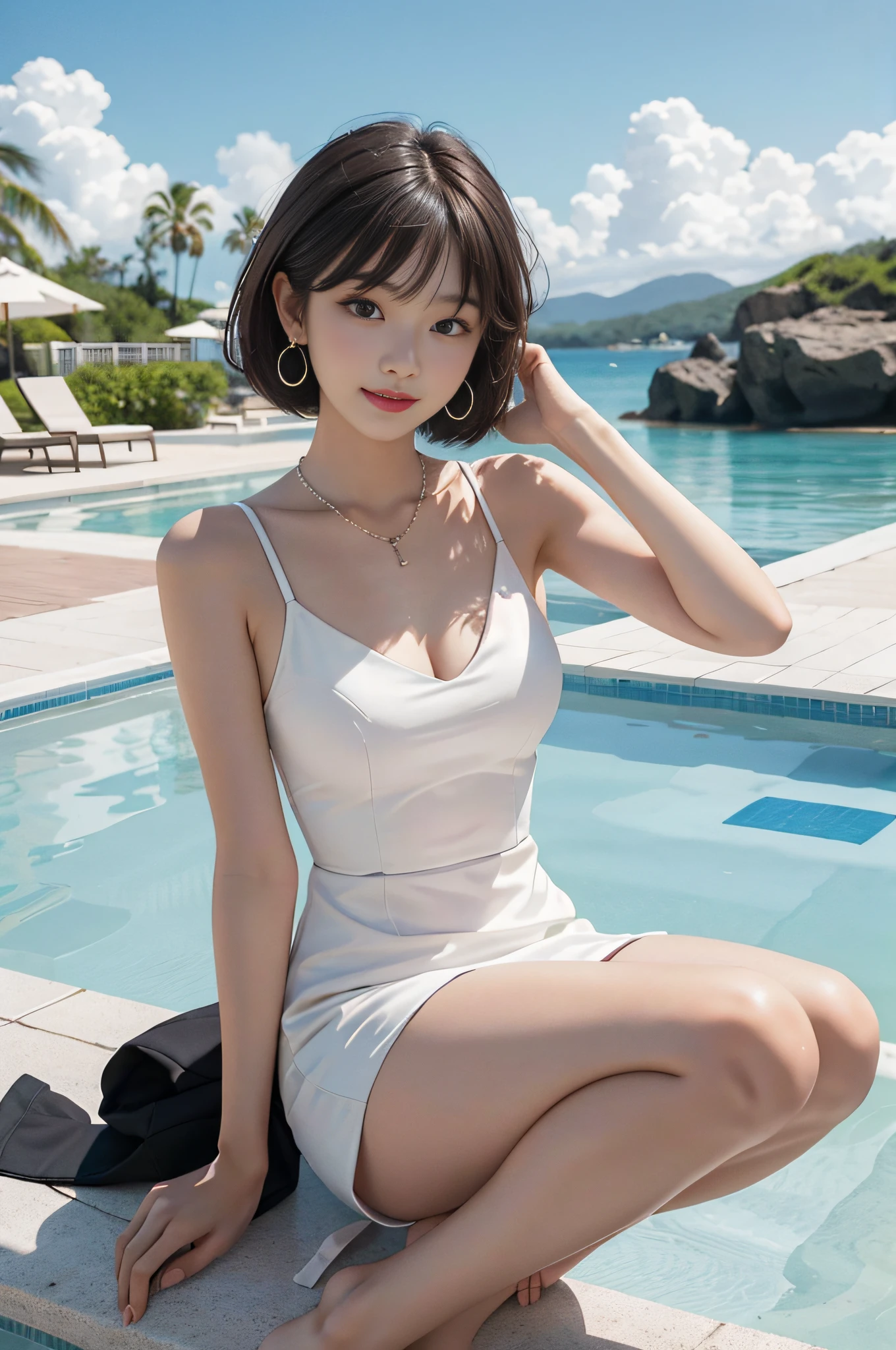 8K RAW photos, high resolution, slender Korean at 17 years old, bright brown hair, bowl cut, big round breasts, formal dress, very thin mouth, duck mouth, smile,, beautiful eyes in detail, slit eyes, sanpaku eyes, dark cheek makeup, long eyelashes, beautiful double eyelids, eyeshadow, beautiful thin legs, necklace, earrings, poolside, Beach in front of the resort hotel, squat