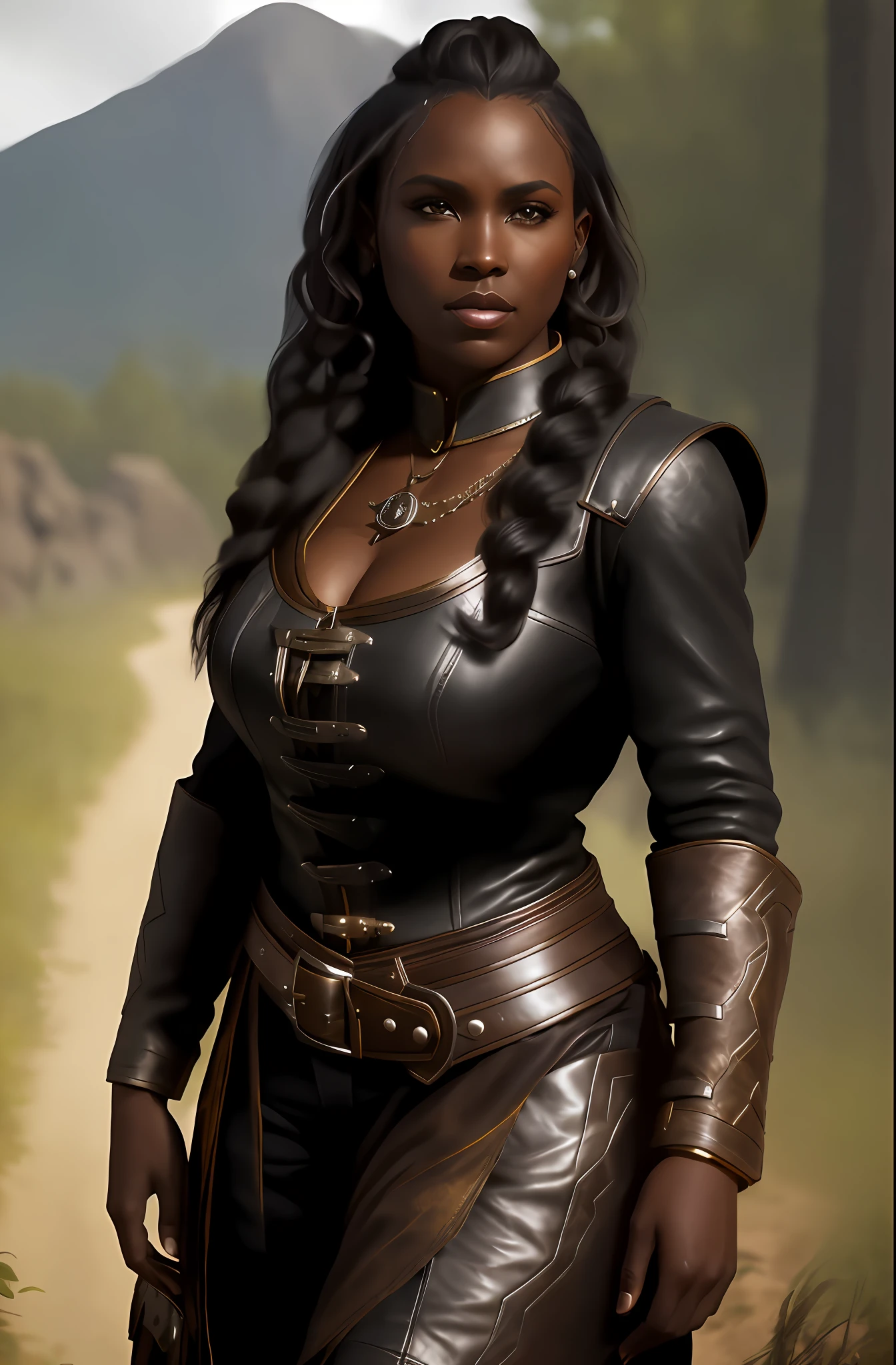 there is a woman in a leather outfit standing on a dirt road, ebony skin, dark black skin, in leather armor, weared in leather armor, dark skin female goddess of love, fantasy character portrait, realistic fantasy render, valkyrie style character, yennefer of vengerberg, female lead character, wearing leather assassin armor, half elf woman