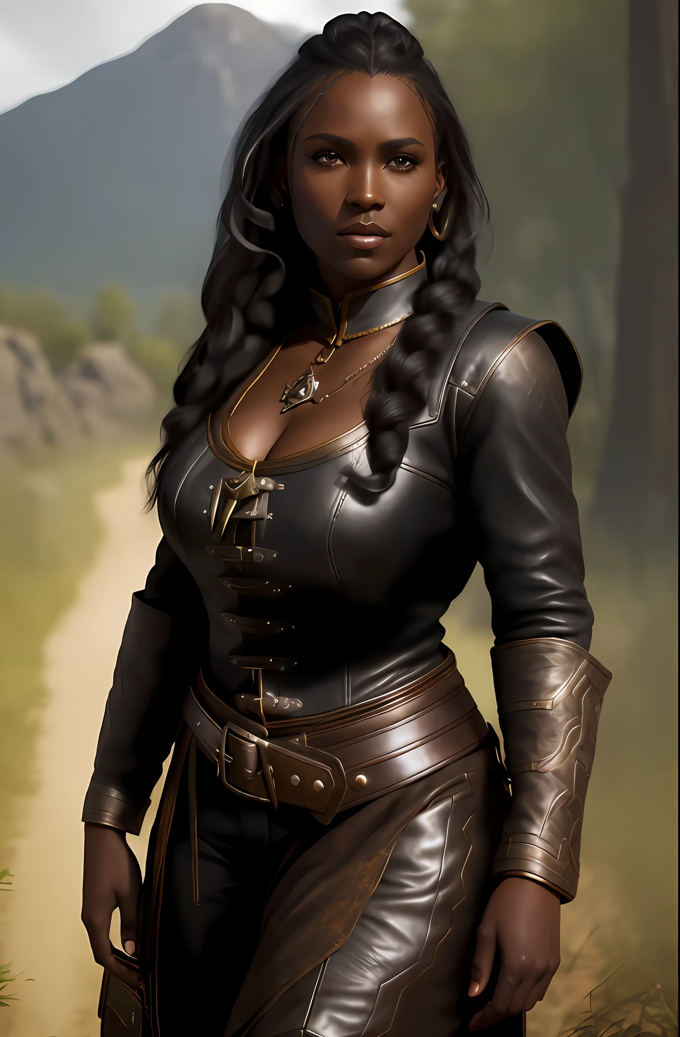 there is a woman in a leather outfit standing on a dirt road, ebony skin, dark black skin, in leather armor, weared in leather armor, dark skin female goddess of love, fantasy character portrait, realistic fantasy render, valkyrie style character, yennefer of vengerberg, female lead character, wearing leather assassin armor, half elf woman