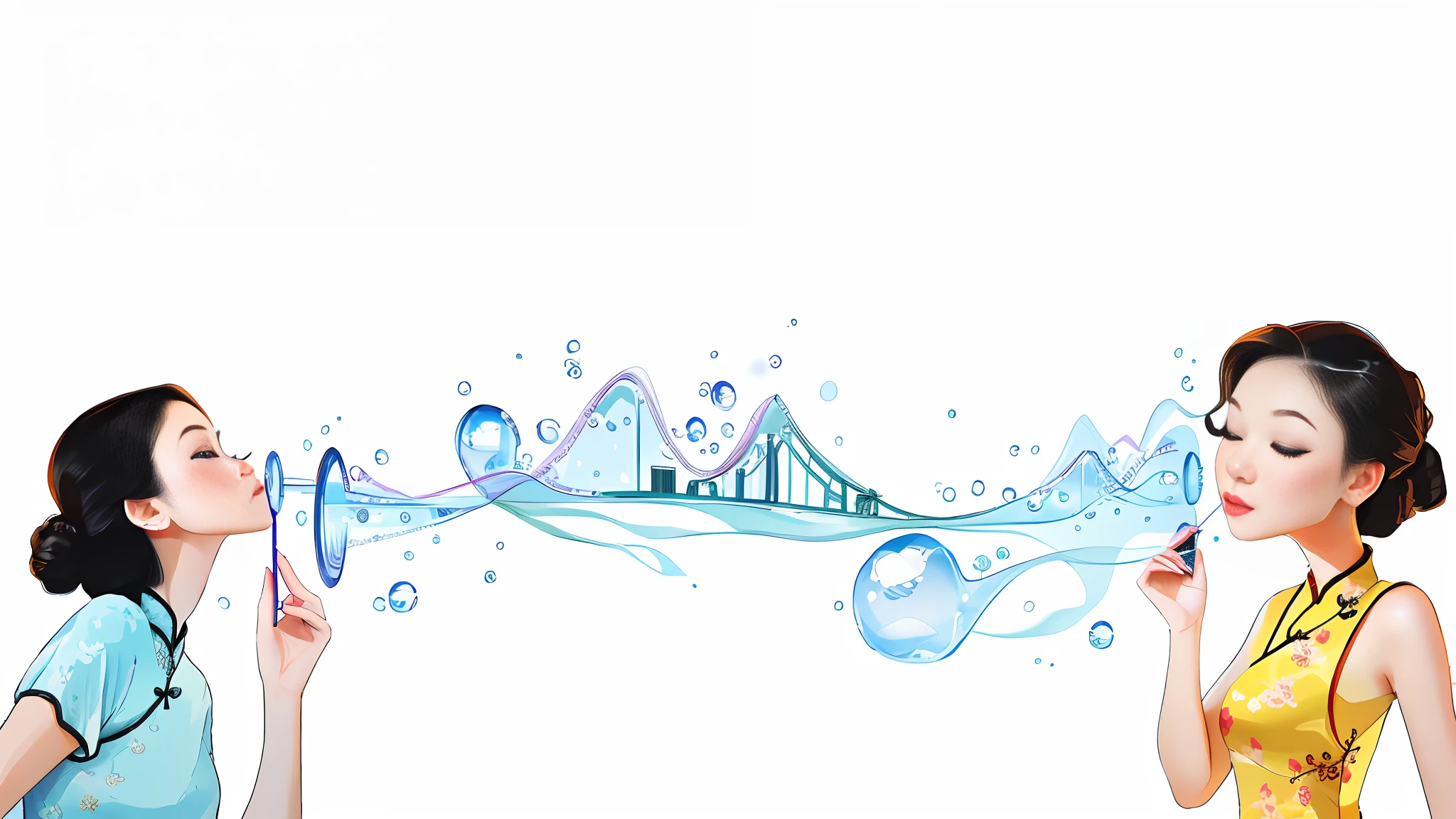Two women standing face to face blow bubbles. Two women, one left and one right, the woman on the left is a Chinese woman wearing a cheongsam, and the woman on the right is wearing a Western-style dress with long hair and closed eyes. There are a lot of bubbles on the picture, the bubble shape becomes a bridge, bust, the background is white, empty, texture, poster, illustration