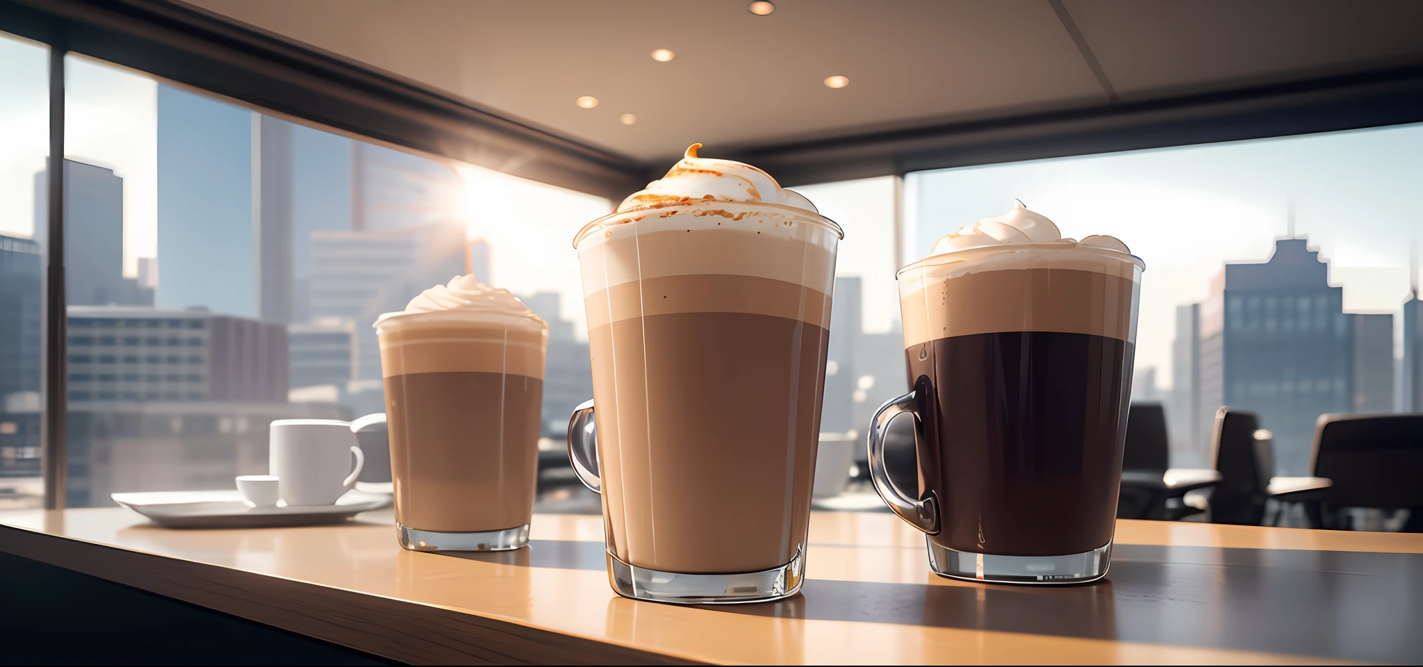 Coffee close-up, Latte close-up, Cappuccino close-up, American coffee close-up, Business conference table, Modern decoration, Floor-to-ceiling windows overlooking the modern city, Expansive movie view, Accurate architectural rendering, romantic light and shadow, realistic images, 8k, Photo, Large aperture, Kodak perspective, Bright tones, UHD