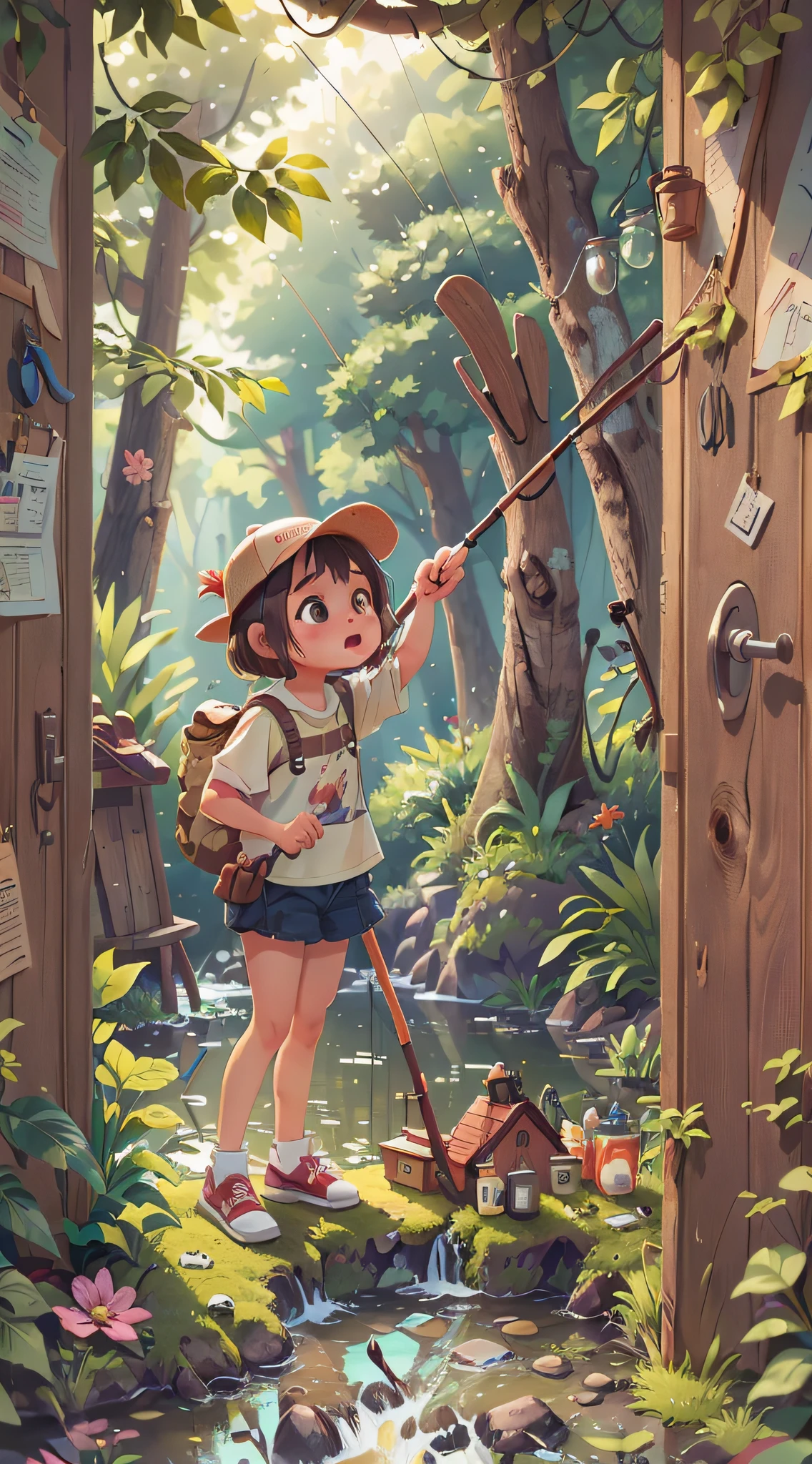 Girl, fishing, fishing rod, summer, Perfect quality, clear focus (clutter - home: 0.8), (masterpiece: 1.2) (Realistic: 1.2) (Bokeh) (Best quality) (Detailed skin: 1.3) (Intricate details) (8K) (Detail Eye) (Sharp Focus), (Happy)