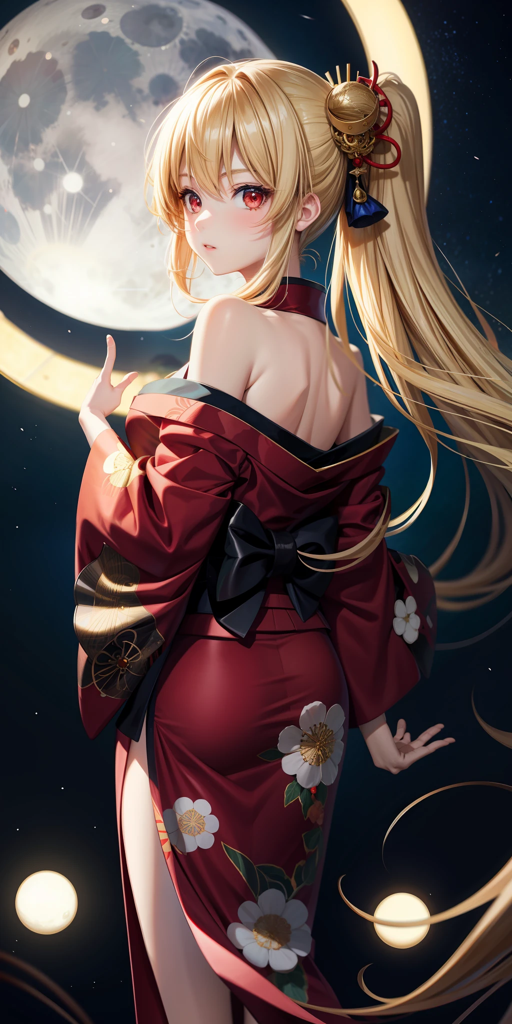 anime, girl single, blonde, red eyes, kimono, moon, off-the-shoulder