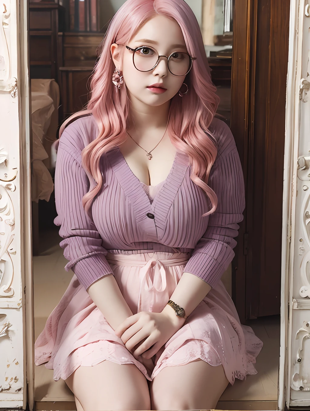 Masterpiece, top quality, portrait of one girl, fat woman, clumsy, glasses, pink hair