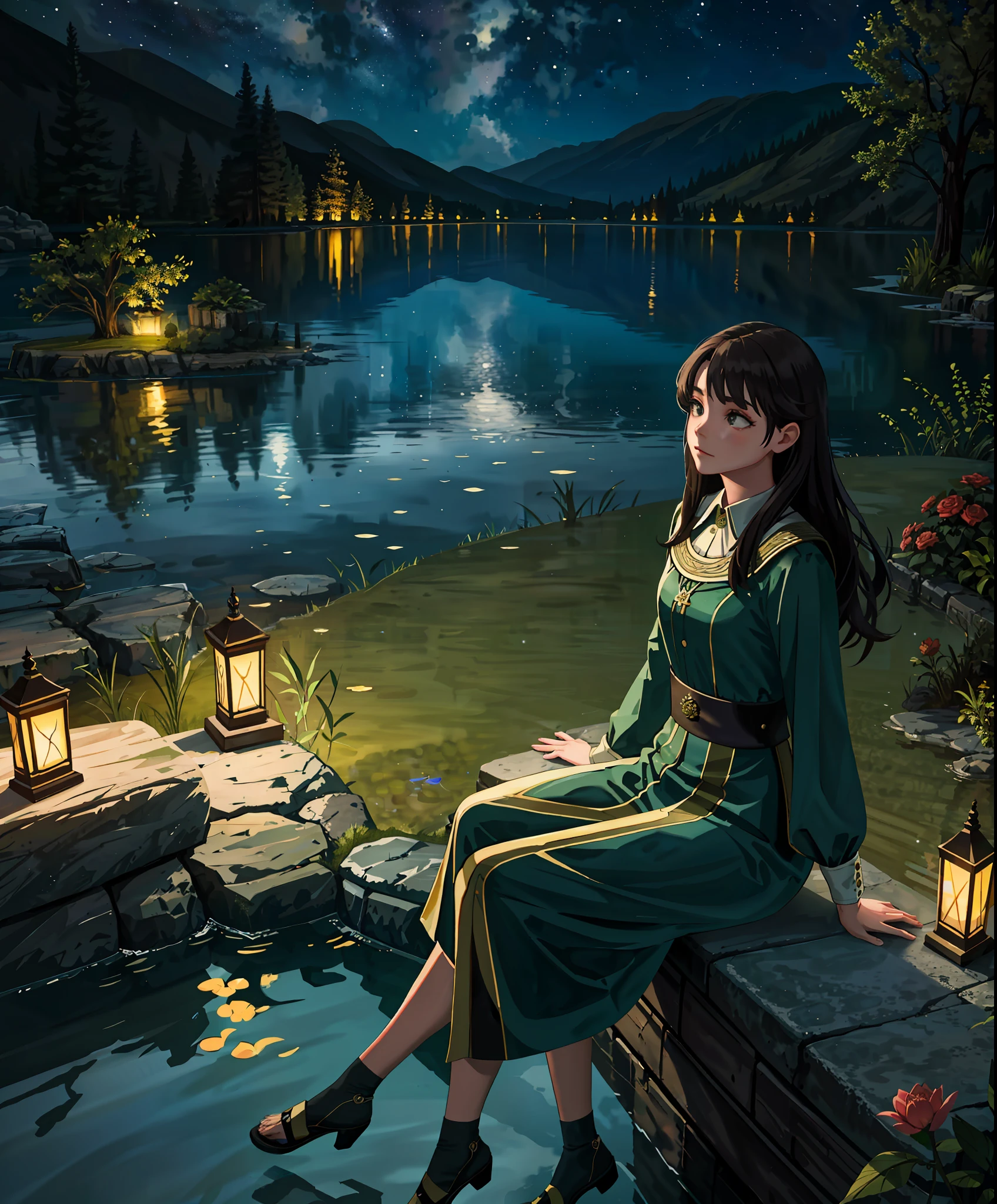 masterpiece,best quality,cinematic,dramatic,dynamic,1girl,landscape,lake,sitting,night,illumination,pond,face