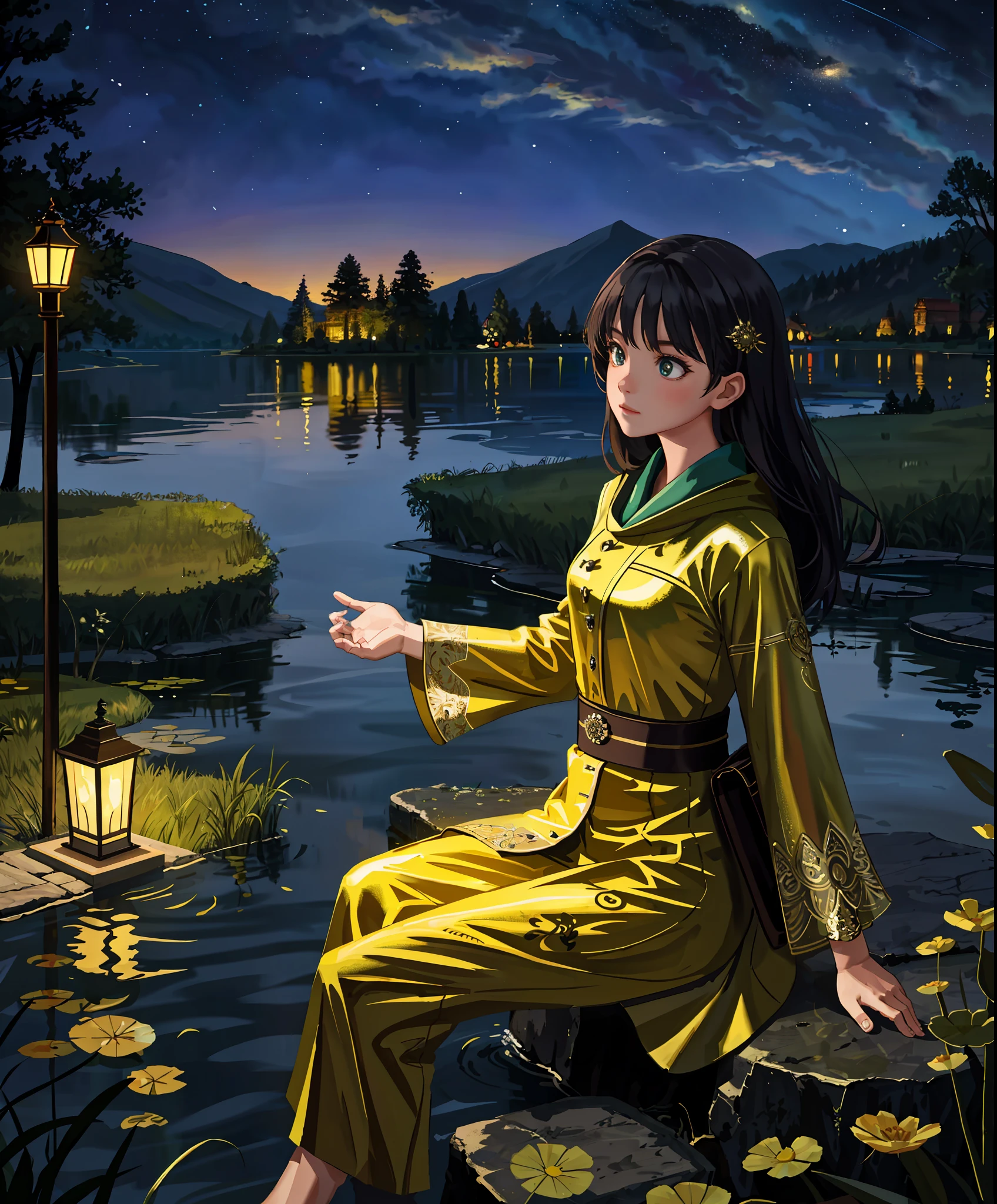 masterpiece,best quality,cinematic,dramatic,dynamic,1girl,landscape,lake,sitting,night,illumination,pond,face