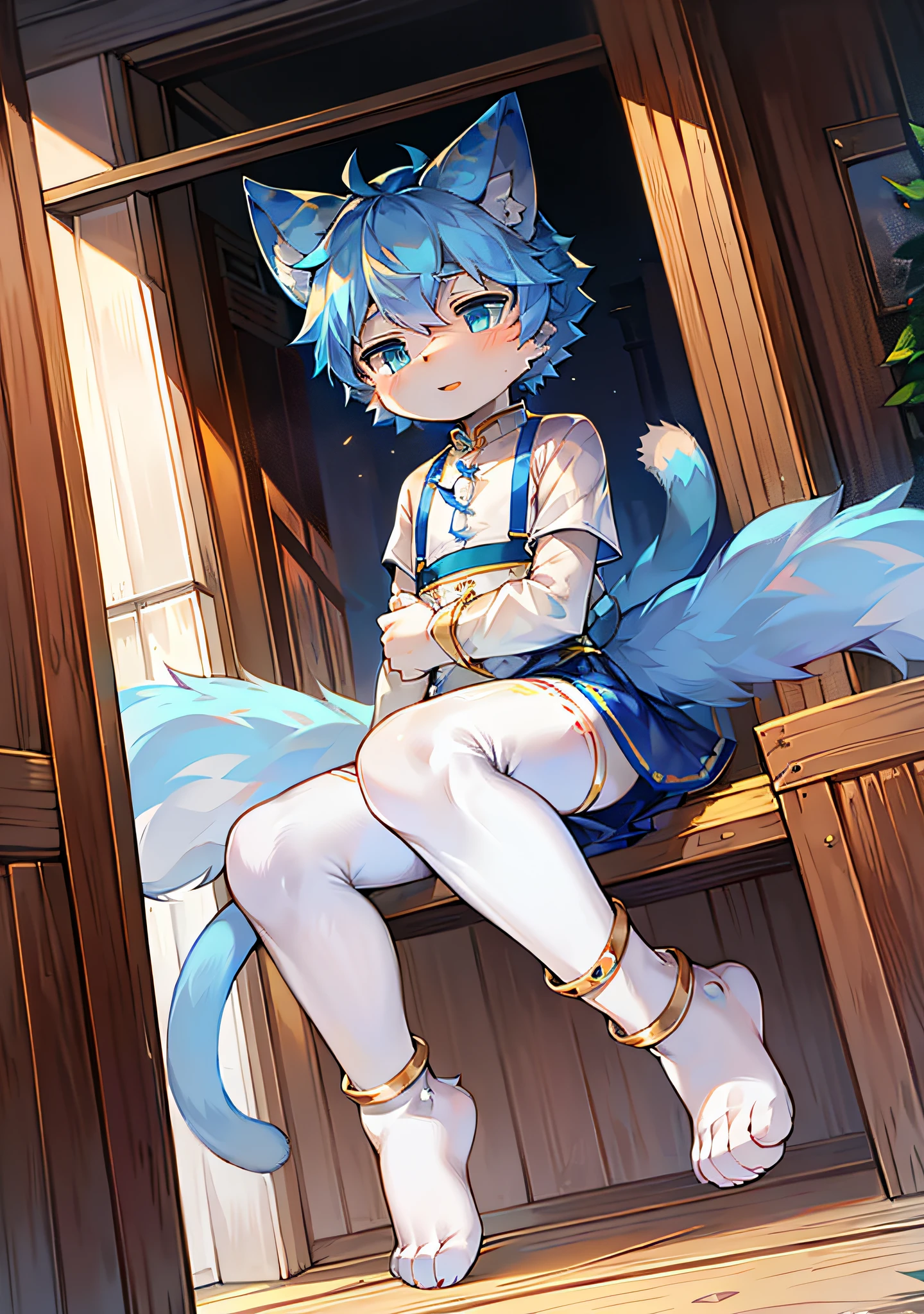 furry , cat boy, cat boy, cat boy, cat boy, little man, (long cat tail, nine tails), little feet (with socks), anklet, blue hair, light blue eyes, , national style clothes (blue), aoeu, aoeu, aoeu, aoeu, aoeu, aoeu, long cheongsam (outer garment), hanfu (outer garment), white clothes (inner shirt), boy, noble clothes (blue), cute, zhengtai, On the way