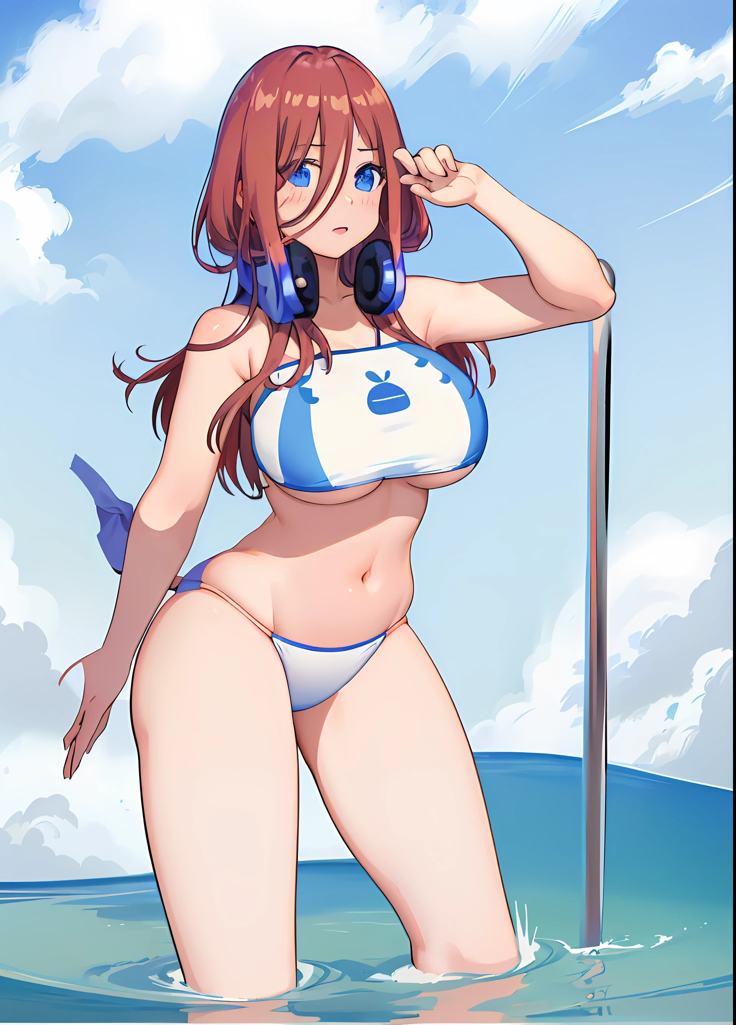 ((A cartoon image of a woman in a bikini posing for a photo)), index finger, proportions oppai, oppai, anime moe artstyle, thicc, little curved , seductive anime girl, (sexy pudica pose gesture), reisen udongein inaba, ecchi, (ecchi anime style), ((oppai))