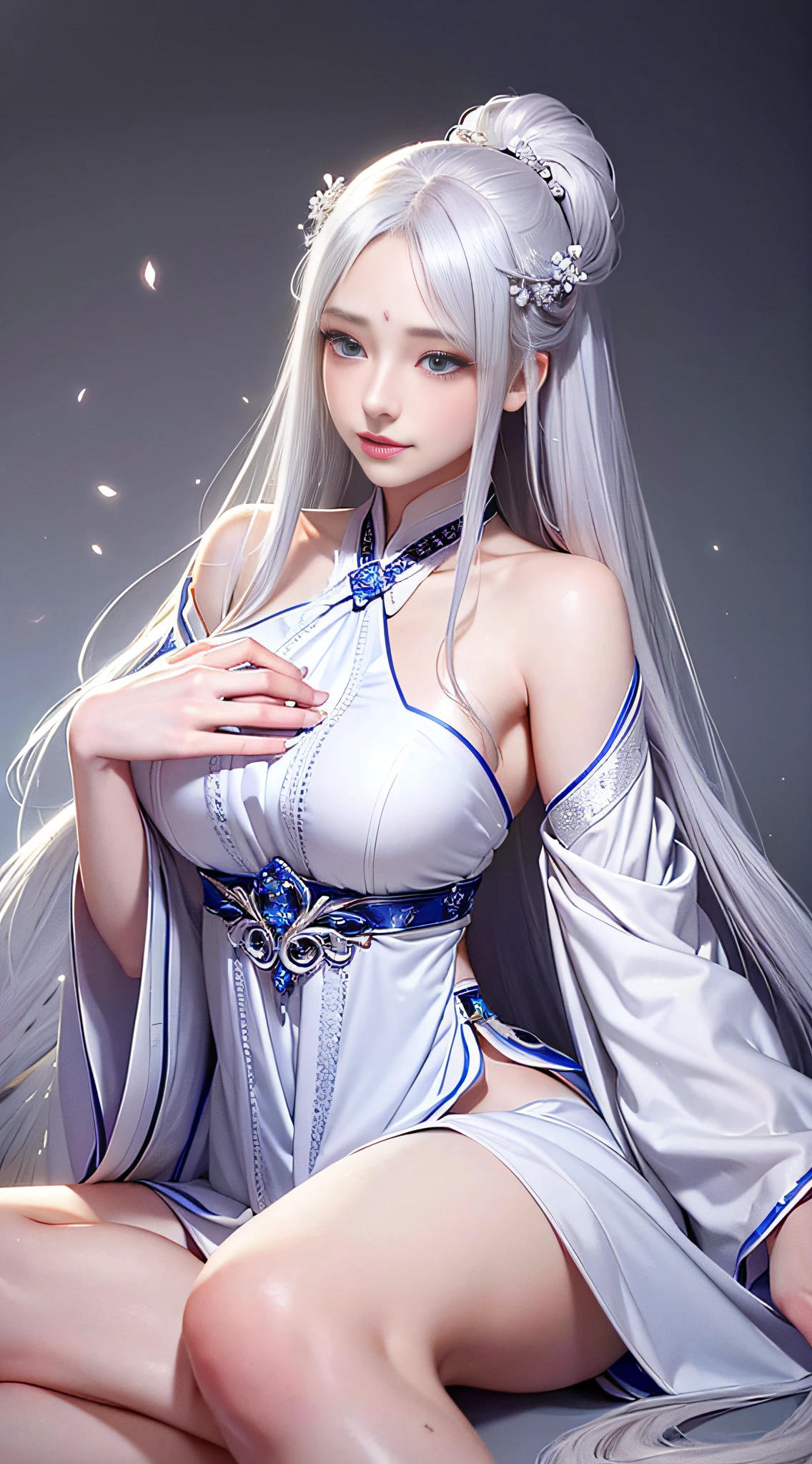 Masterpiece, silver-white long-haired beauty, absolutely beautiful, complex and gorgeous hair accessories, wearing beautiful and gorgeous Hanfu, blue eyes, long eyelashes, perfect and delicate facial features, highlight, withered petals, light makeup, shy smile, blush, beautiful, charming, perfect, super clear, HD