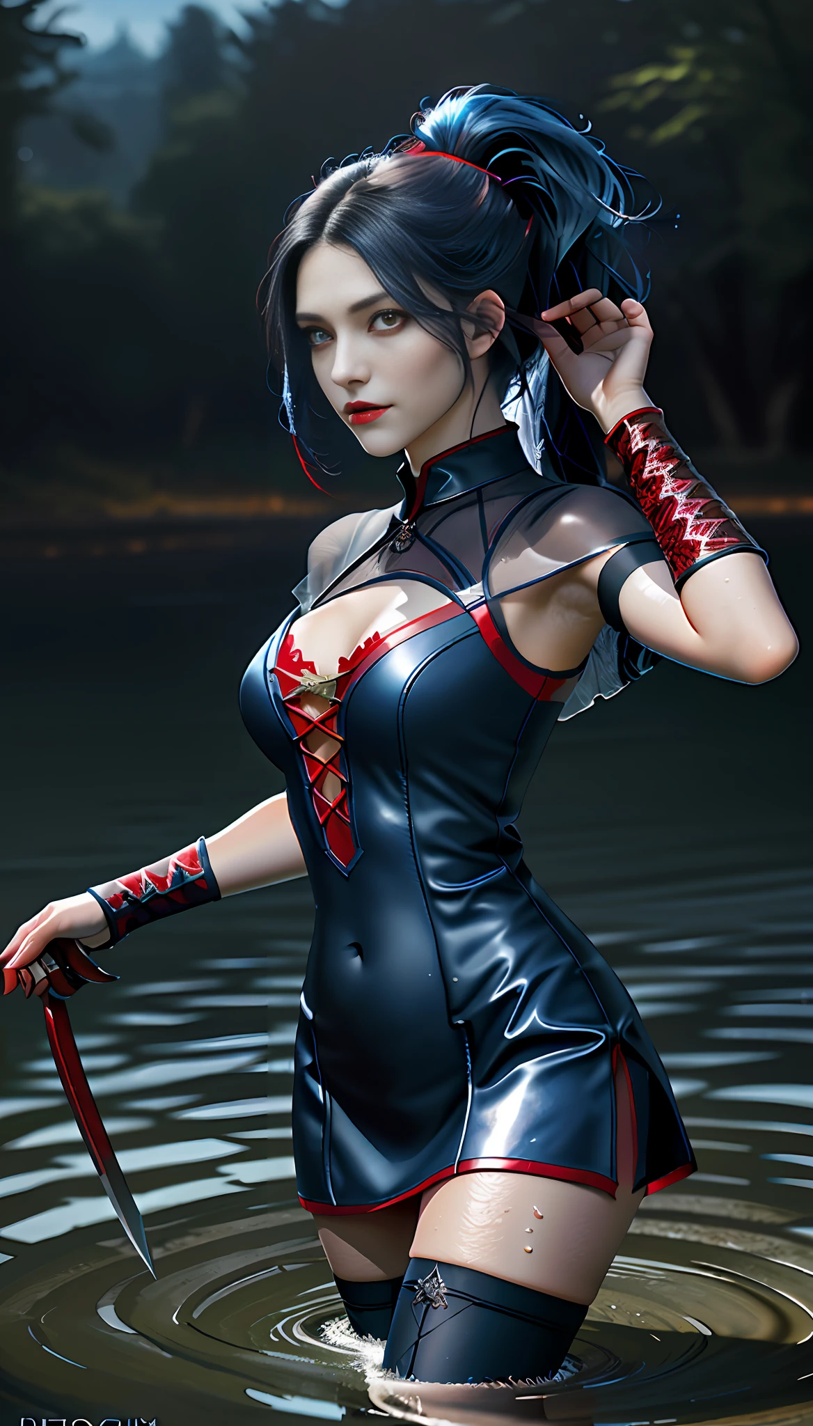 best quality}, {{masterpiece}}, {highres}, Perfect waist cut, Large breasts, Warrior girl with a small short sword on hand, Skimpy organza transparent clothes, organza elements on clothes, net clothes, leather glossy elements on clothes, dark blue hair with red highlights, (perfect nose), Seductive gaze, dark blue knee high boots on high heels with red highlights, (Best Illustration), 8k Resolution, Intricate Details, Best Quality, Realistic, Ultra Detailed, Best Lighting, Best Shadows, Ultra HD, A Necromancer style, Night, Magic, Dark Style, Vampire, (shining red eyes:1.6), masterpiece, high_res, Beautiful face, tyndall effect, photo realistic, (high detailed skin:1.2), 8k uhd, dslr, high quality, Photograph, high resolution, 4k, 8k, Bokeh, absurdres, ponytail contorted, best ratio four finger and one thumb, front view, dark blue hair gorgeous, perfect proportional skinny fitness body, full body view, wet skin, wet clothes, dark cathedral baground scenery, huge bobs, belly muscle, long fit perfect legs, fishnet dark red Stockings, realistic reflection in the water