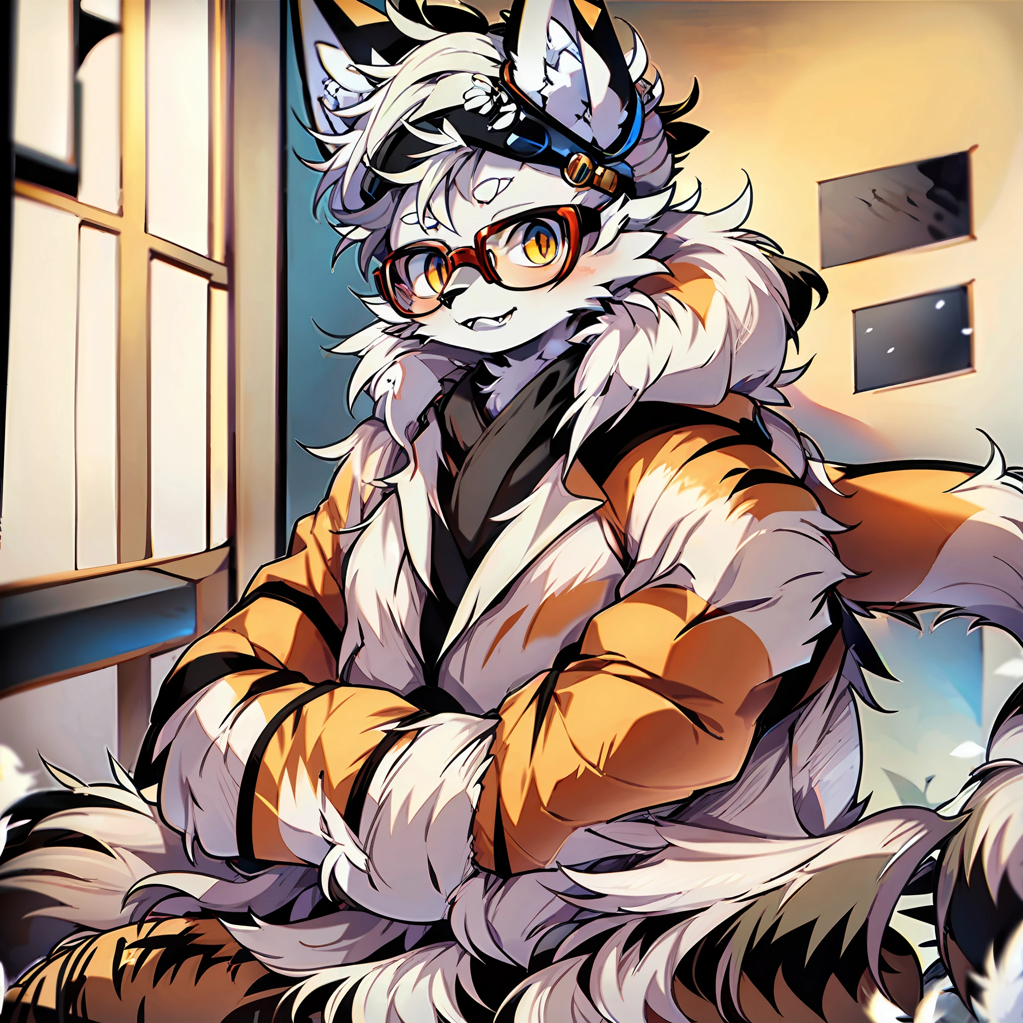 Furry, male arctic fox, gray fur, golden eyes, wearing single-rimmed glasses, artist, wearing a trench coat and berets, sitting in a room, natural color, detailed background