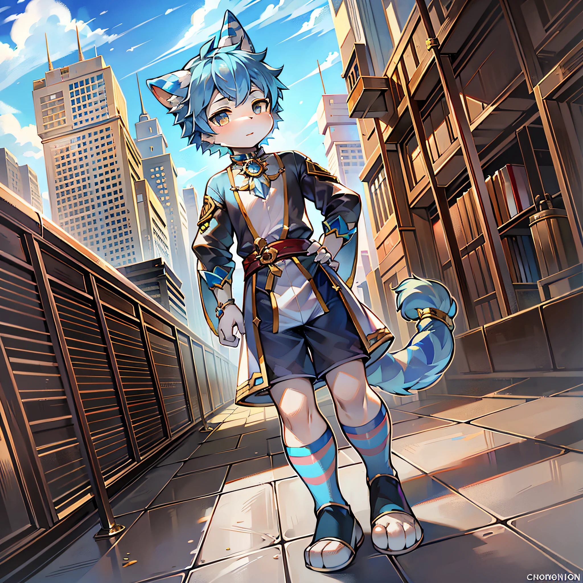 Panorama, Character Focus, Single, Cartoon, Two-dimensional, Two-dimensional, Boy, Genshin, Chongyun, Cat Ears, Furry Tail, Shota,  Boy, Young, White European Noble Vintage Clothes (with blue stripes and gold accessories), Shorts, Bright Eyes (Blue), Light Blue Hair, Bare Legs, White Socks, Light Blue Sky with Golden Buildings on the background