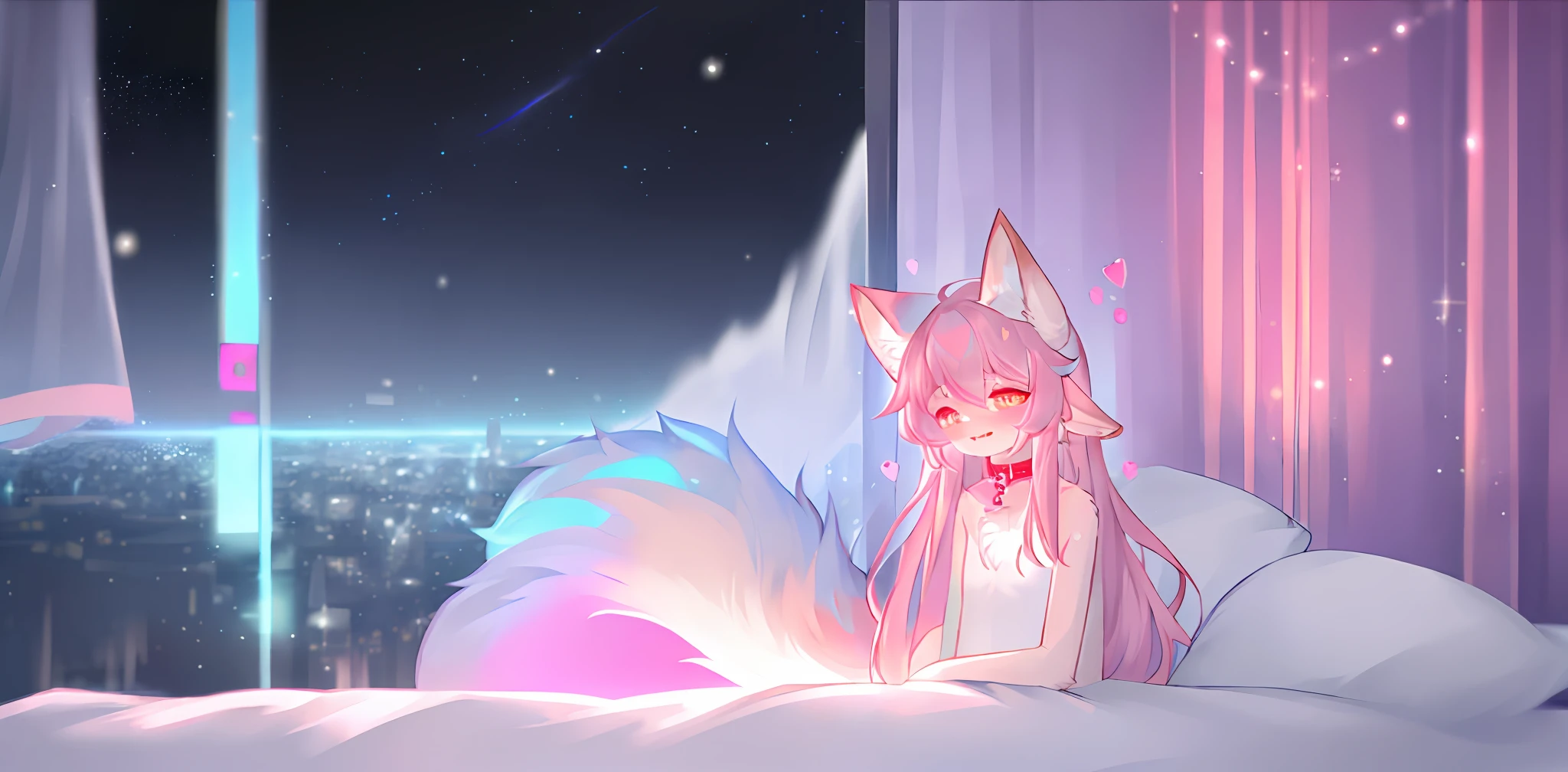 long hair, heart-shaped eyes, glowing eyes, femboy, neon city, snowfall, midnight, cat ears, pale pink ears, fox tail, light pink fox, dark blue jacket, cute, collar, one tail, space god, fur body, full body, nude, Siberian forest cat, character, masterpiece, fluffy tail, current, shy, nfsw, highest quality, 8k, Full HD, Two-eared, winter, own character, nude, pale pink hair, blurry, 10 years, obscene, female genital tube, Lying on the bed, shy, drooling