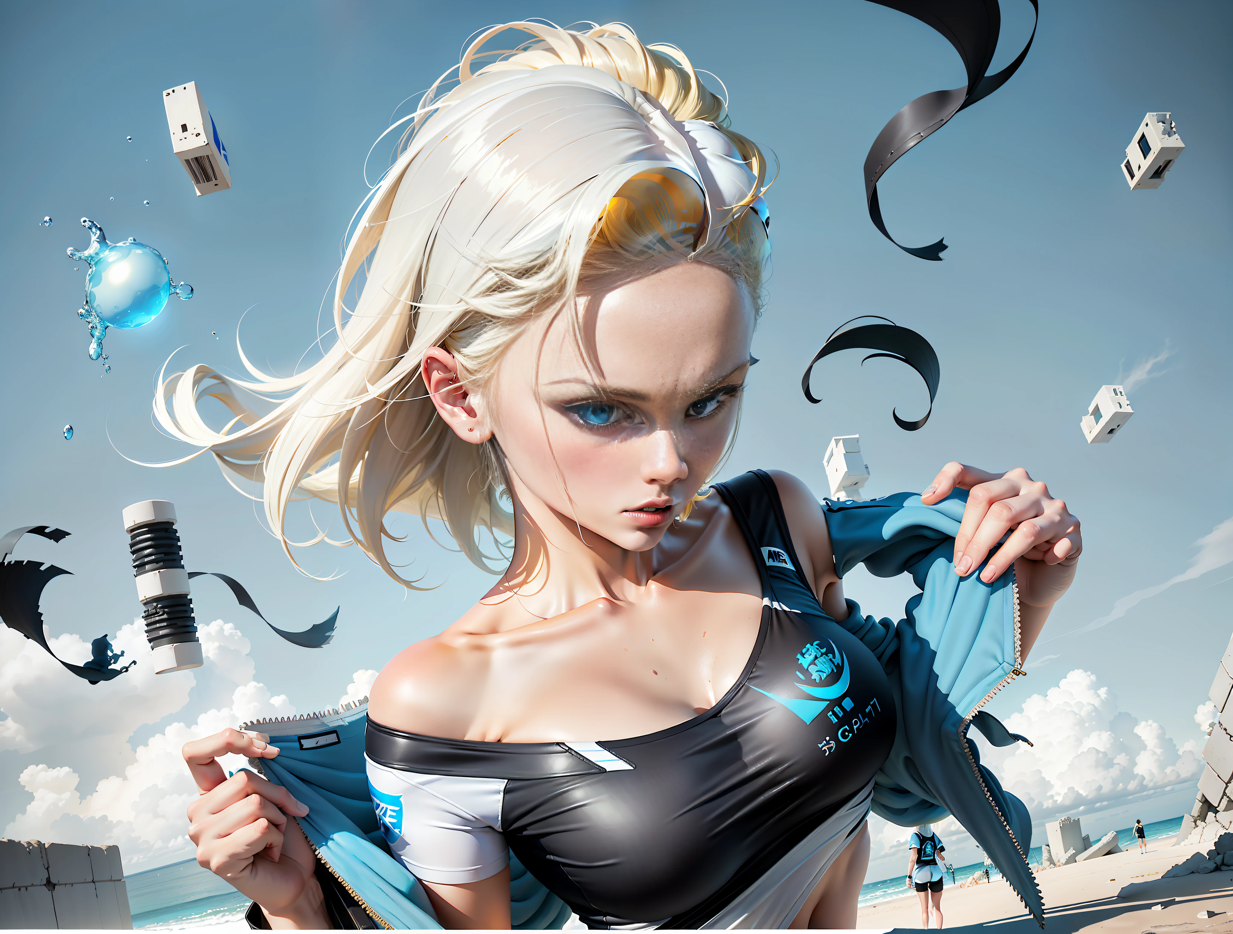 A stylish single summer sports T-hug design full of bubbles and fluffy feeling, 1 sexy girl, short yellow hair, blue eyes, super delicate eyes, eye detail depiction, detailed hair, real yellow hair, gaze looking at the audience, grim expression, blue coat, black underwear with the number 18 printed on the chest, big breasts, black tight underwear, super good figure, tearing blue coat action, real people, realistic, super live-action style, live-action photography, light and shadow, dusk light, Real ruins background, cyberpunk ((white ocean blue: 1.3) + (fashion: 1.1) + (trendy: 1.2)), (nike logo), (corona rendering), ((summer sports T-beam concept + concept art design): 1.3), (8K: 1.3), (2:3 aspect ratio + warm color Q2), (750 pixels), ((fashion elements) :( 1.1 + white ocean blue T-shirt blended with fashion elements)), (dynamics: 5)