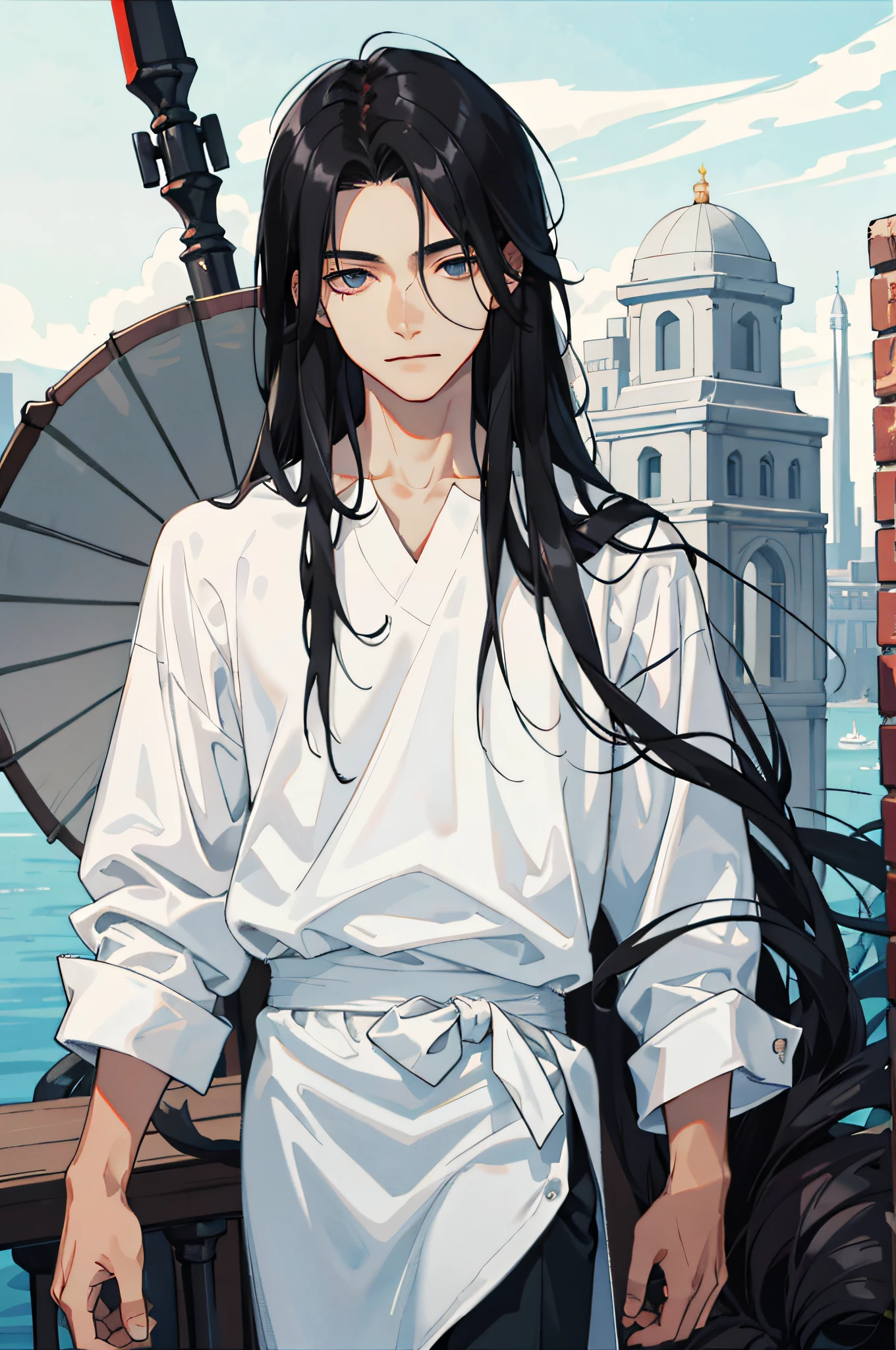 Masterpiece, best quality, 1 male, teenager, delicate eyes, long black hair, straight hair, fair skin, delicate face, calm expression, white shirt, ink style, landscape, gray, red