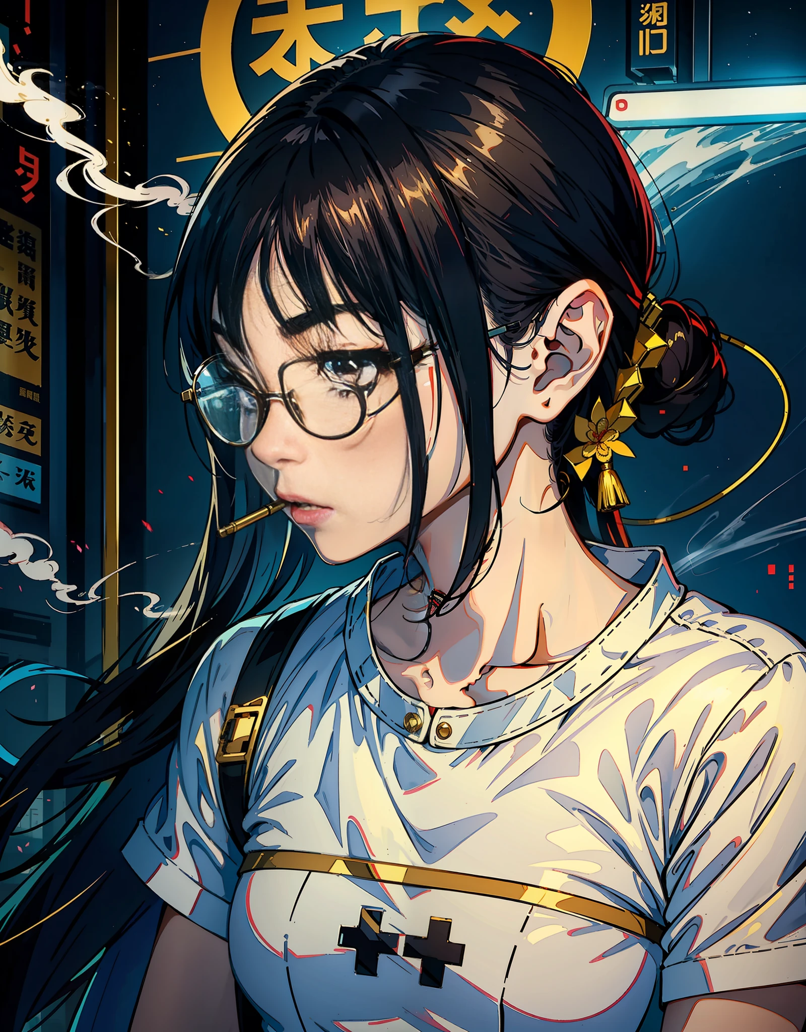 A young girl in a white cheongsam is smoking a cigarette, wearing gold wire glasses, and her eyes are squinting at the screen
