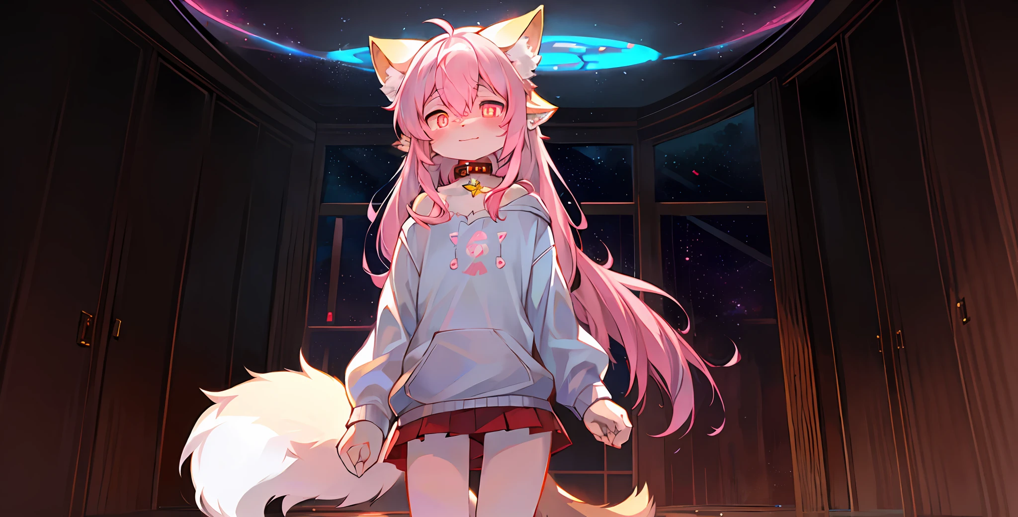 shota, long pink hair, space eyes, glowing eyes, femboy, noen city, floor-to-ceiling windows, pedestrians, rainstorm, noon, cat ears, pale pink ears, fox tail, light pink fox, cute, collar, one tail, space katana, god, hairy body, full body, white sweatshirt, pink miniskirt, Siberian forest cat, figures, masterpiece, furry tail, current, shyness, NFSW, highest quality, 8k, R-18, full HD, two-eared cat, summer, oc,
