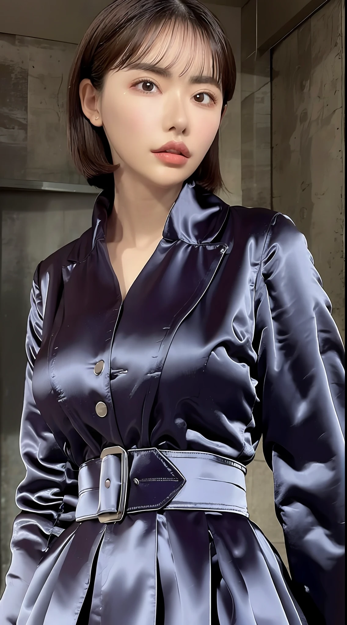 The highest quality, the highest image quality, the ultra-detailed, the material of the satent wrench coat, satin blouse, coat and blouse has a strong gloss, soft and smooth touch, seducing the viewer expression, face, full body shot,