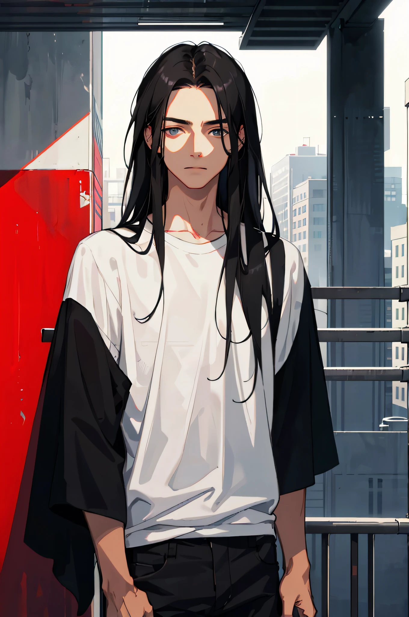 Masterpiece, best quality, 1 male, ager, delicate eyes, long black hair, straight hair, delicate face, calm expression, shirt, modern, urban, gray, red