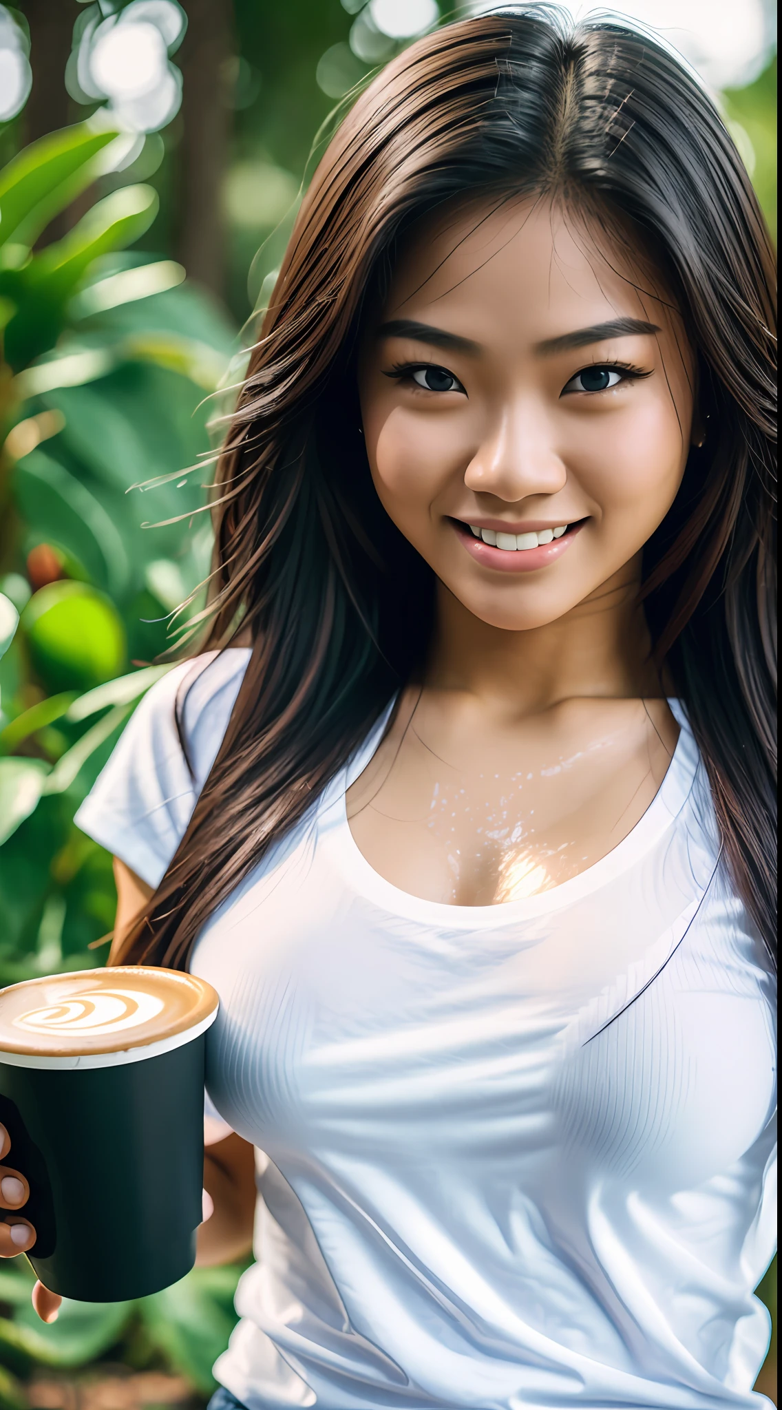 young Thai woman, bodybuilder physique, wearing a wet white top and jeans, smiling, having a cup of coffee with a friend at a coffee shop, (8k), (best quality), (masterpiece:1.3), (realistic), (photorealistic:1.34), ultra-detailed, [beautiful detailed eyes], (beautiful detailed nose), [very long blond hair], (see-through white t-shirt), jeans, (large breasts), (close up), park, depth of field, --auto --s2