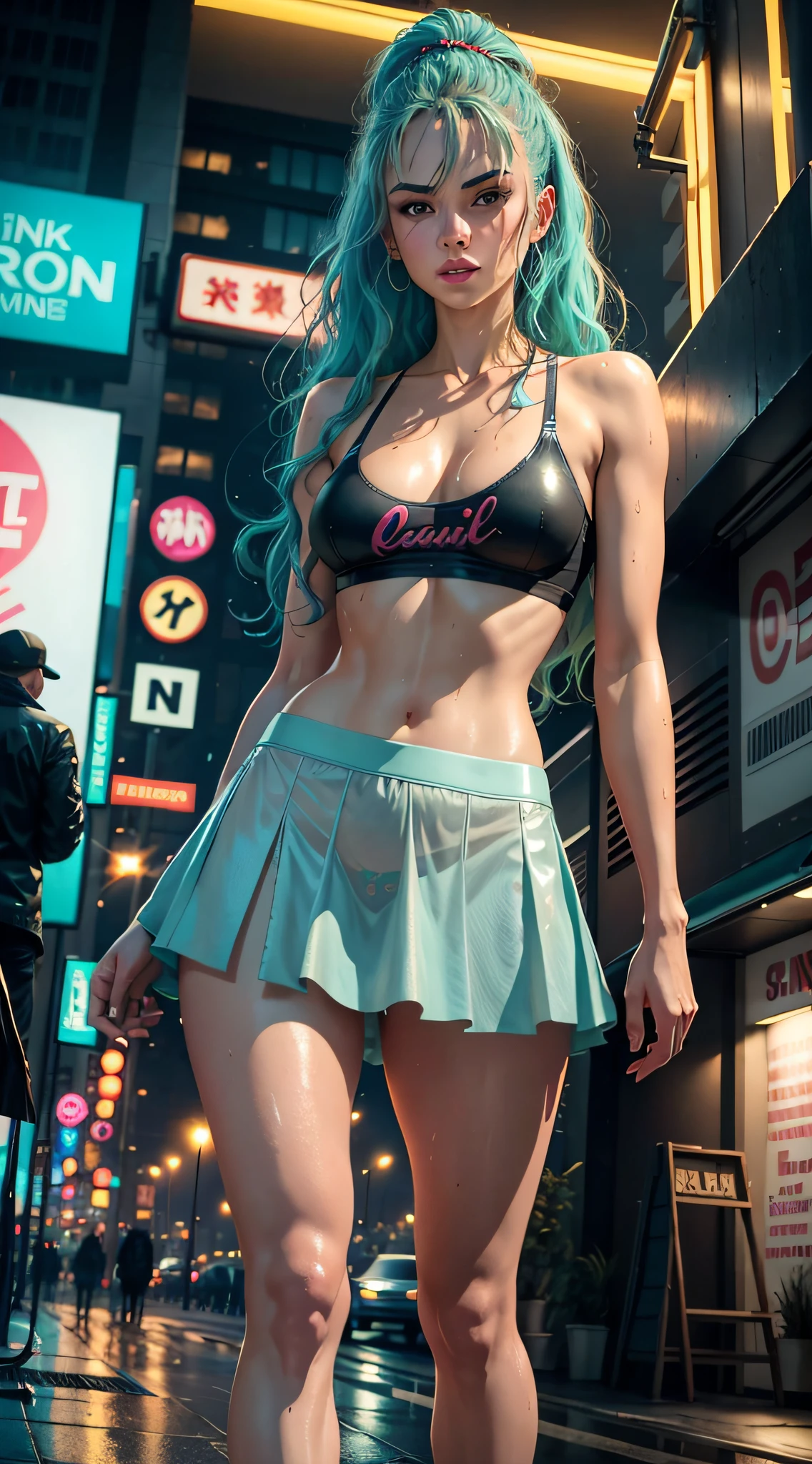 Highly detailed 4k realistic photo ((whole body, including legs)) of the beautiful 18-year-old turquoise-haired Anglo-Saxon girl with sweaty turquoise hair with ((pointed jaw)) and perky breasts, in wet underwear with a wet and transparent bra with a deep neckline, evening, beautifully drawn hands, (cyberpunk: 1.2), neon lights, ramen shot, neon signs, cars, tank top wet, small skirt