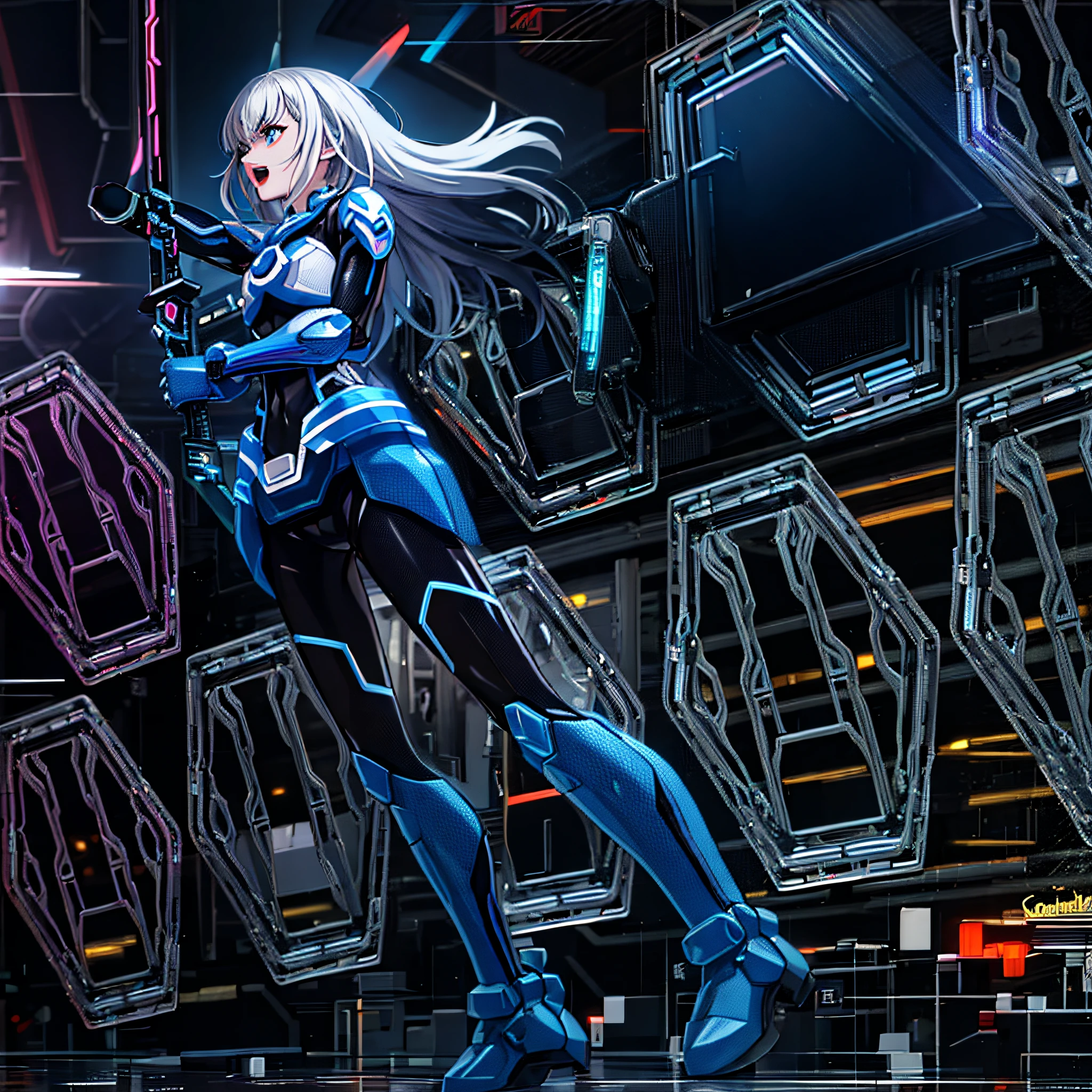 a close up of a person holding a sword in a neon lit room, holographic blade!, cybernetic wallpaper, clothed in cyber armour, cyber fight armor, cyber japan armor, cyborg - girl with silver hair, cyber armour, anime cyborg, gear aurora, cyber japan style armor, neon armor, girl in mecha cyber armor, cyber armor