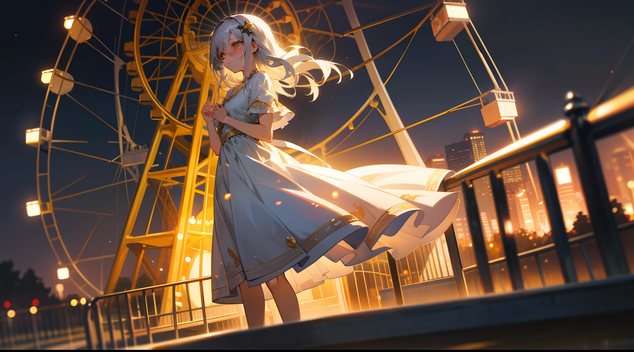 Depth of field, cinematic angle, masterpiece, best quality, super detailed, a maiden, solo, silver hair, golden eyes, white dress, crying, playground, gorgeous lights, Ferris wheel, night