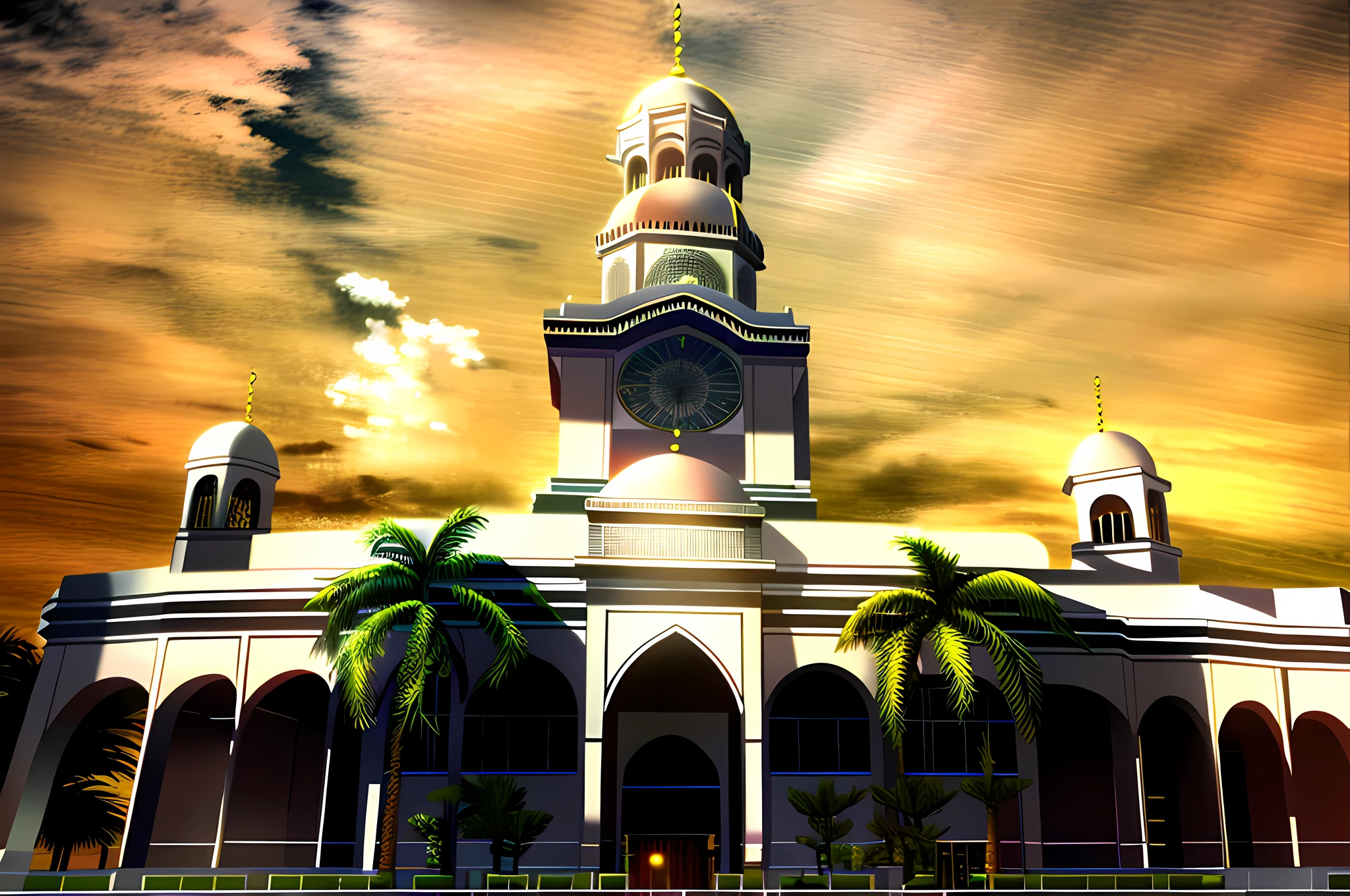 a large yellow building with a tower and palm trees in front of it, mosque, with beautiful mosques, beautiful image, majestic masterpiece, ornate architecture, high quality image, neoclassicism style, beautiful architecture, hightly ornate, historic, immaculately detailed, imposing architecture, istock, dramatic masterpiece, stunning grand architecture, islamic architecture, highly ornate, anime style, anime scene, location in Johor Bahru in Johor, landscape, ((masterpiece, best quality)), ((ultra quality)), ((Sultan Abu Bakar State Mosque Building, Johor Bahru, Malaysia))