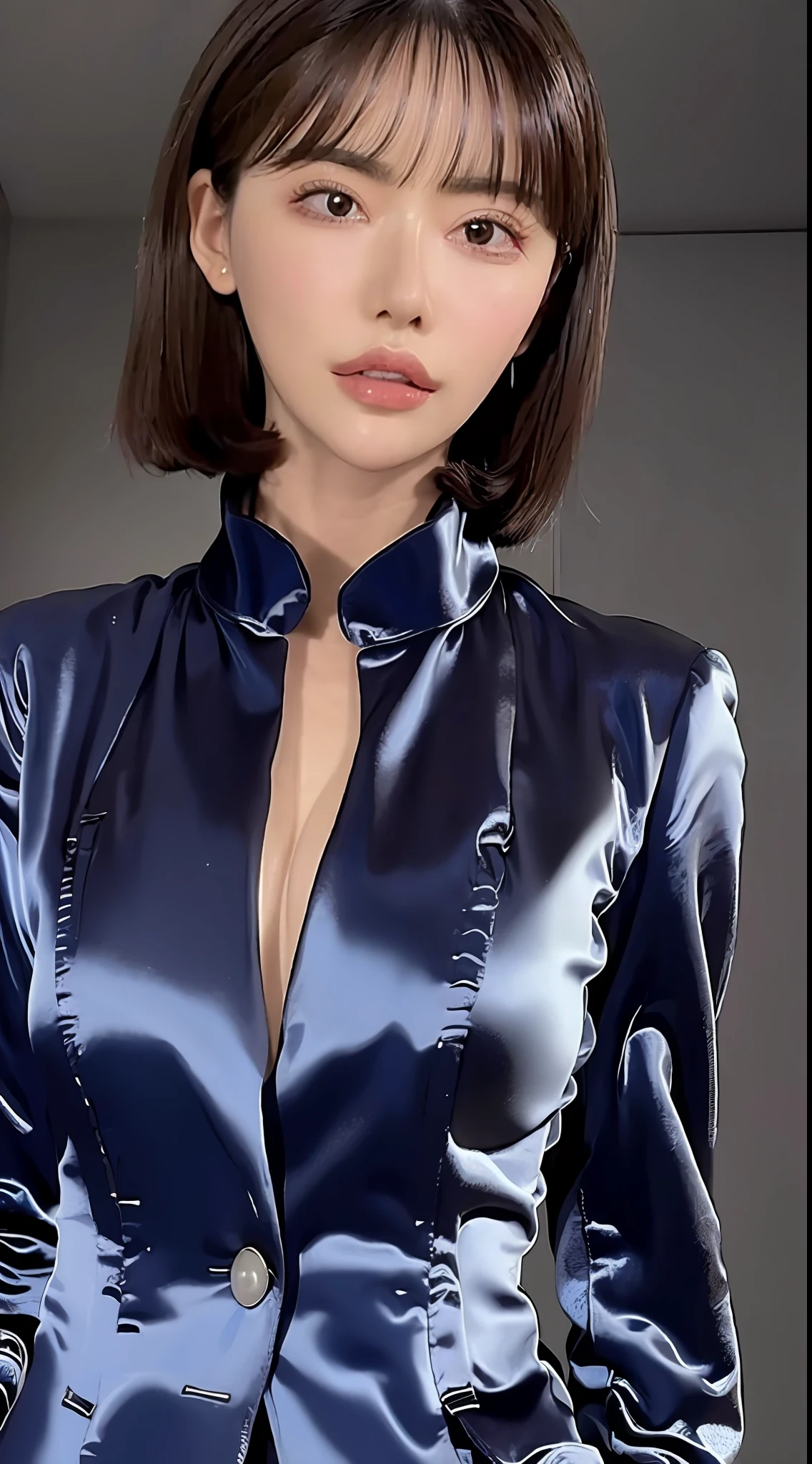 The highest quality, the highest image quality, the ultra-detailed, the material of the satent wrench coat, satin blouse, coat and blouse has a strong gloss, soft and smooth touch, seducing the viewer expression, face, full body shot,