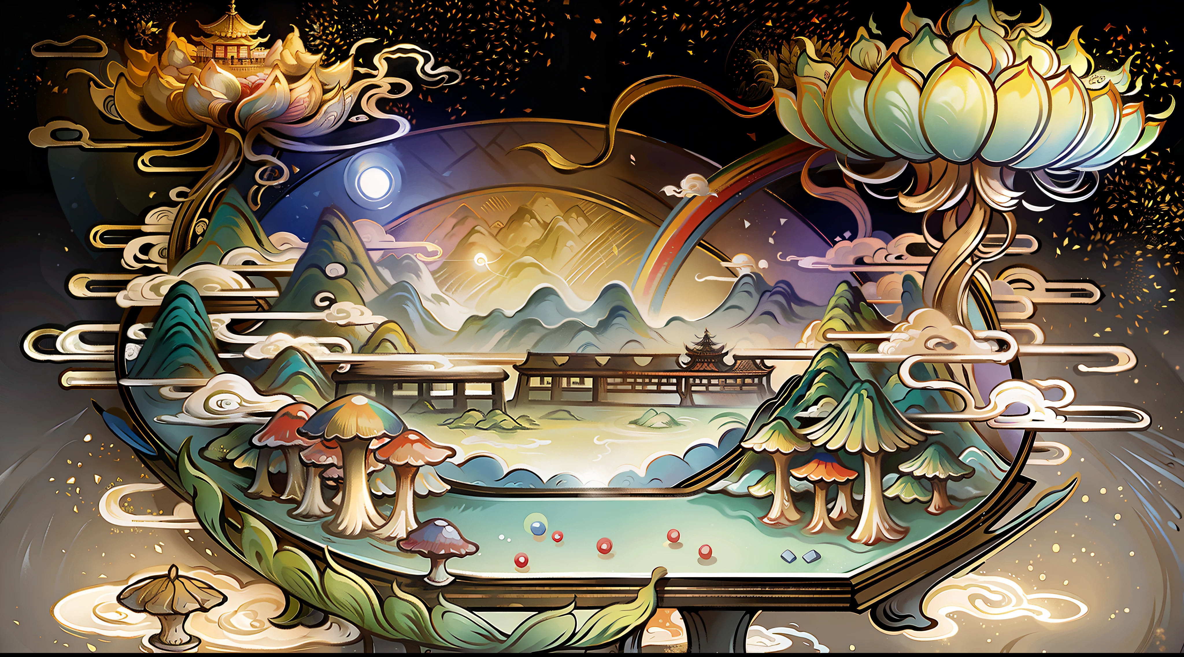 An ancient Chinese painting, ancient Chinese background, mountains, rivers, auspicious clouds, pavilions, sunshine,(psychedelic details),(mushrooms),(rainbow),(trippy),(DMT),(Buddha),intricate details, more details, high details,masterpieces, super detail, epic composition, ultra HD, high quality, extremely detailed, official art, unified 8k wallpaper, Super detail, 32k -- v 6