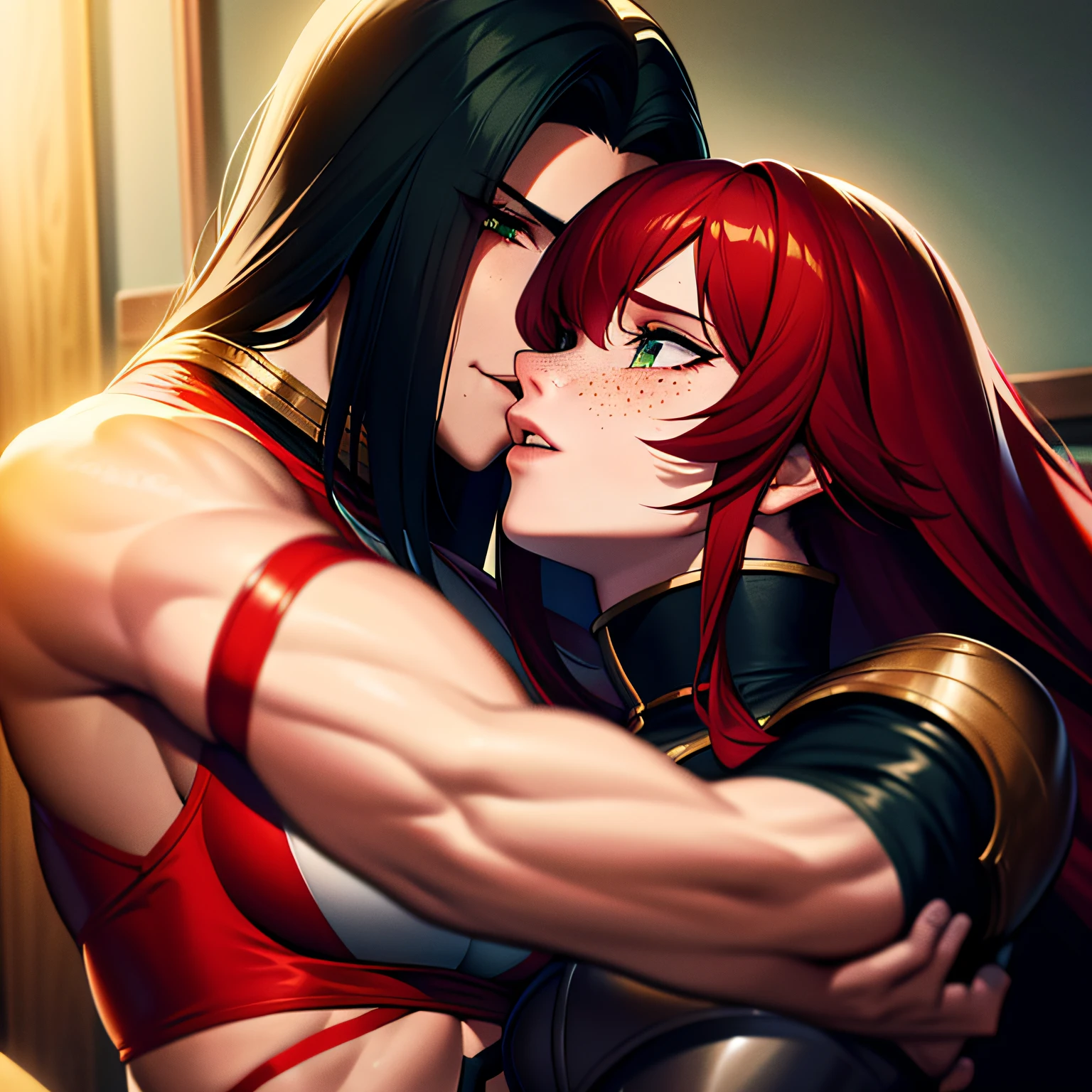 1girl, 1man, a muscular female knight with long red hair and green eyes and freckles is claimed by gloating bandit with black hair, kissing, pinned, hair pulling, aroused, undressing