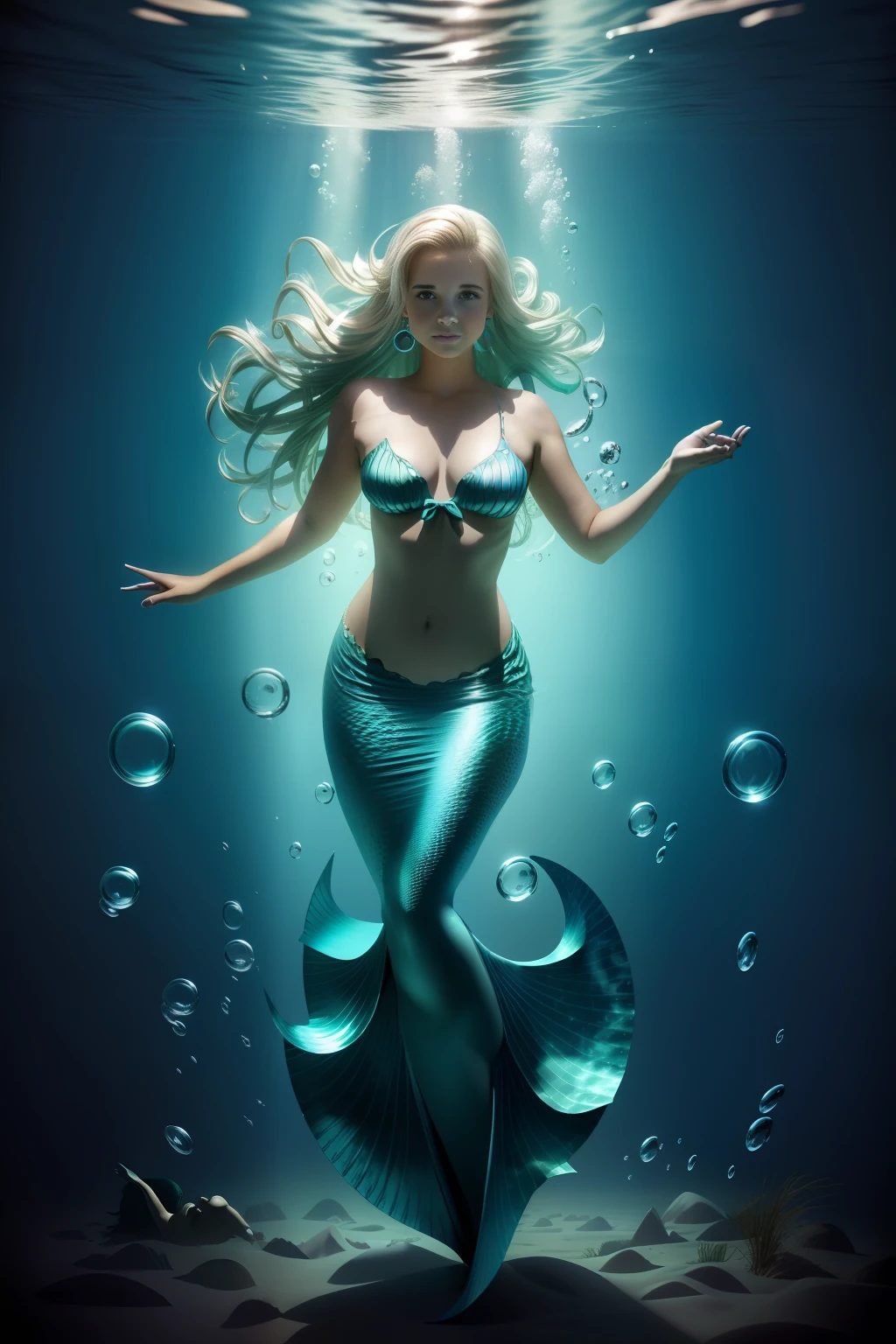 A portrait of monroe as a mermaid, underwater photography, full body, bubbles.